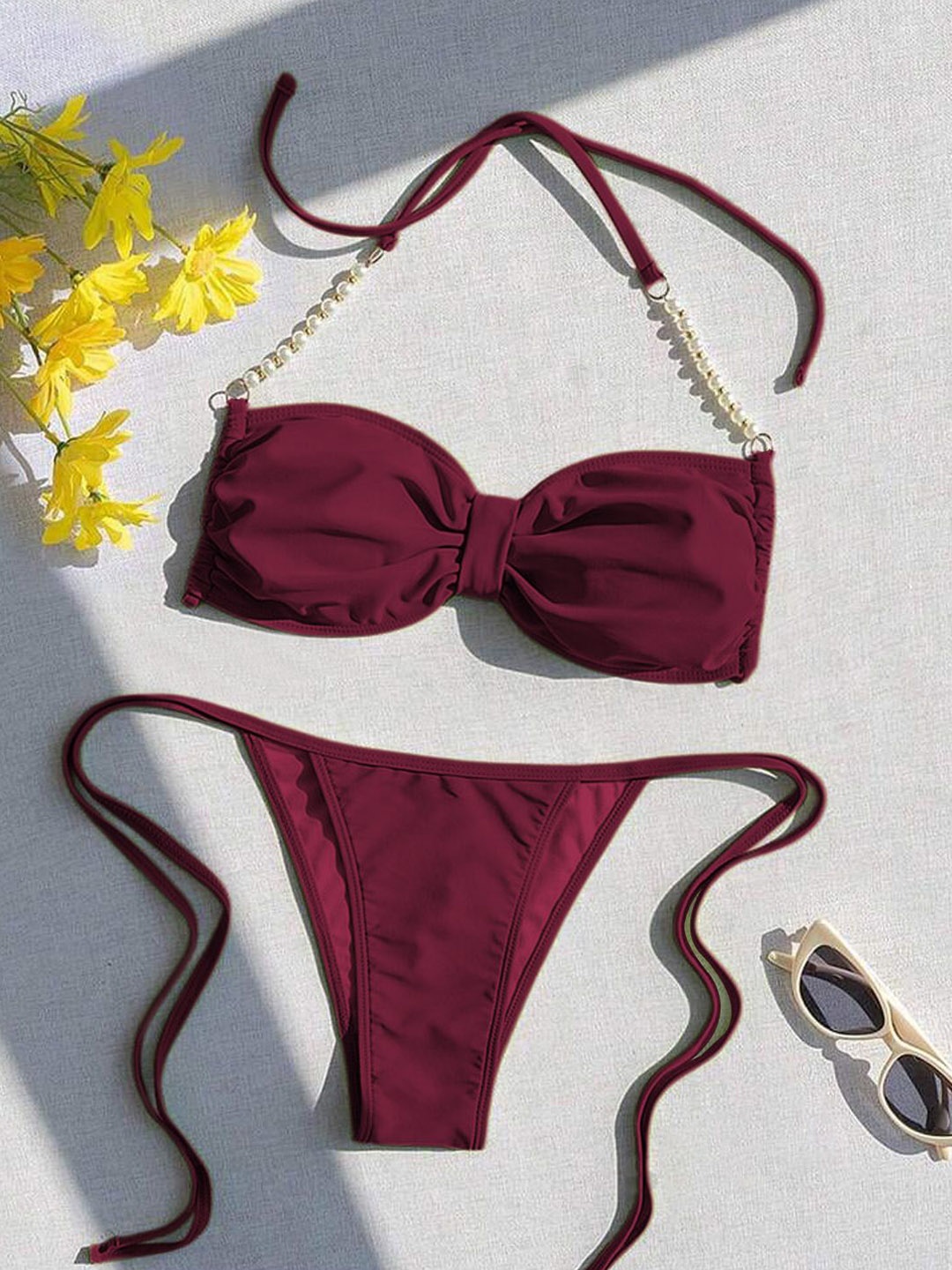 

FIMBUL Halter Neck Beaded Work Swim Bikini Set, Maroon