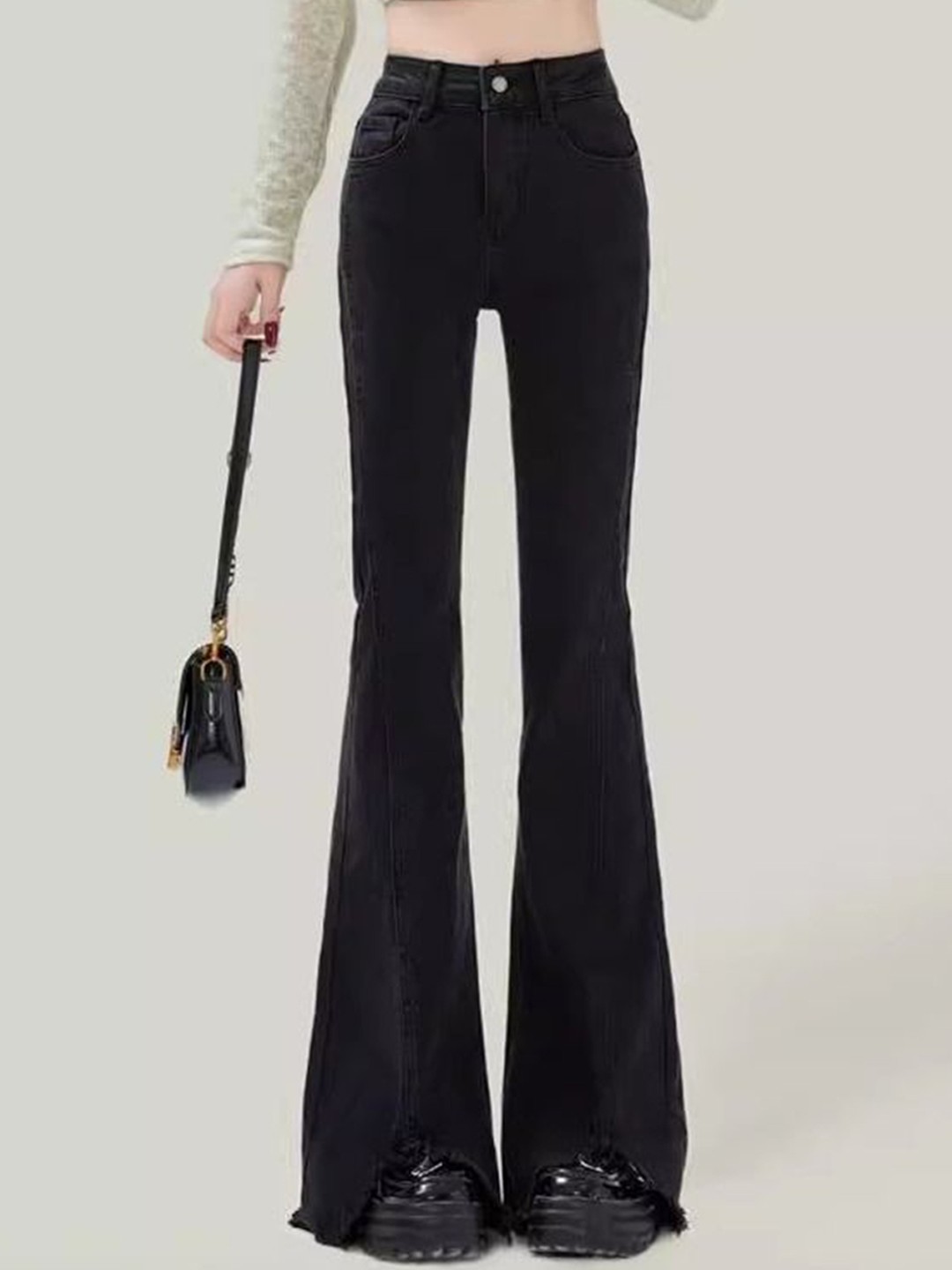 

DressBerry Women Flared High-Rise Cotton Jeans, Black