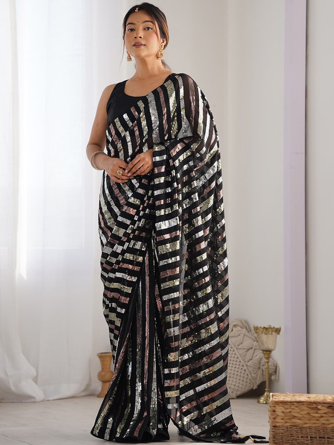 

LeeliPeeri Designer Striped Sequinned Poly Georgette Saree, Black
