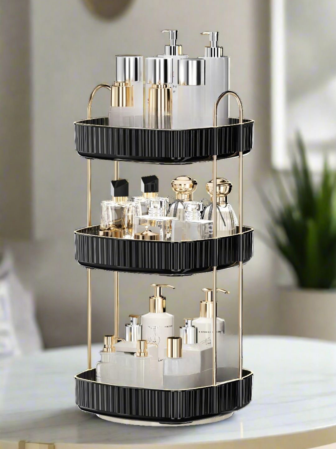 

Mason Home Black & Gold Toned Striped Three Tier Square Rotating Makeup Organiser