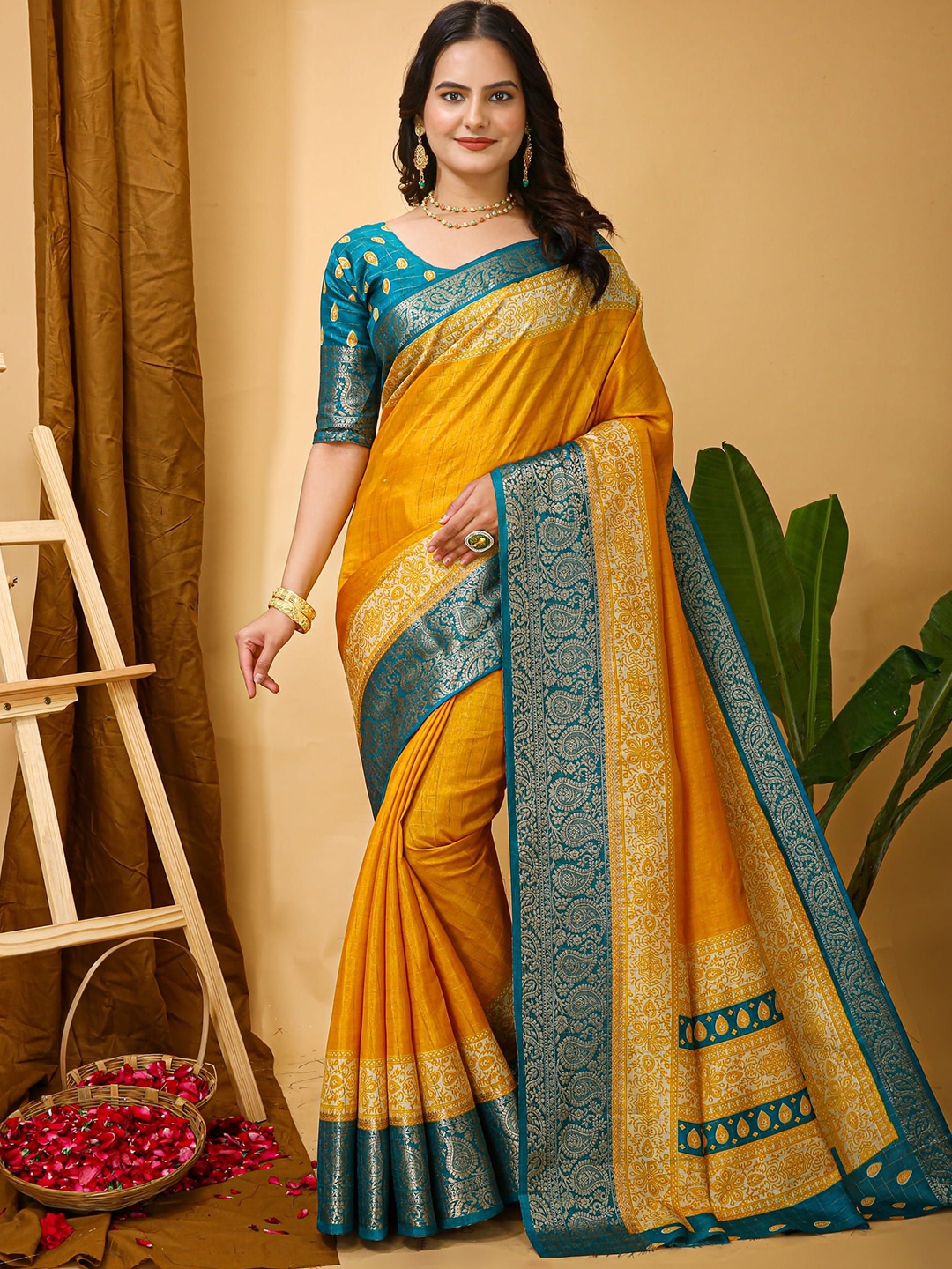 

KALINI Woven Design Zari Art Silk Banarasi Saree, Yellow