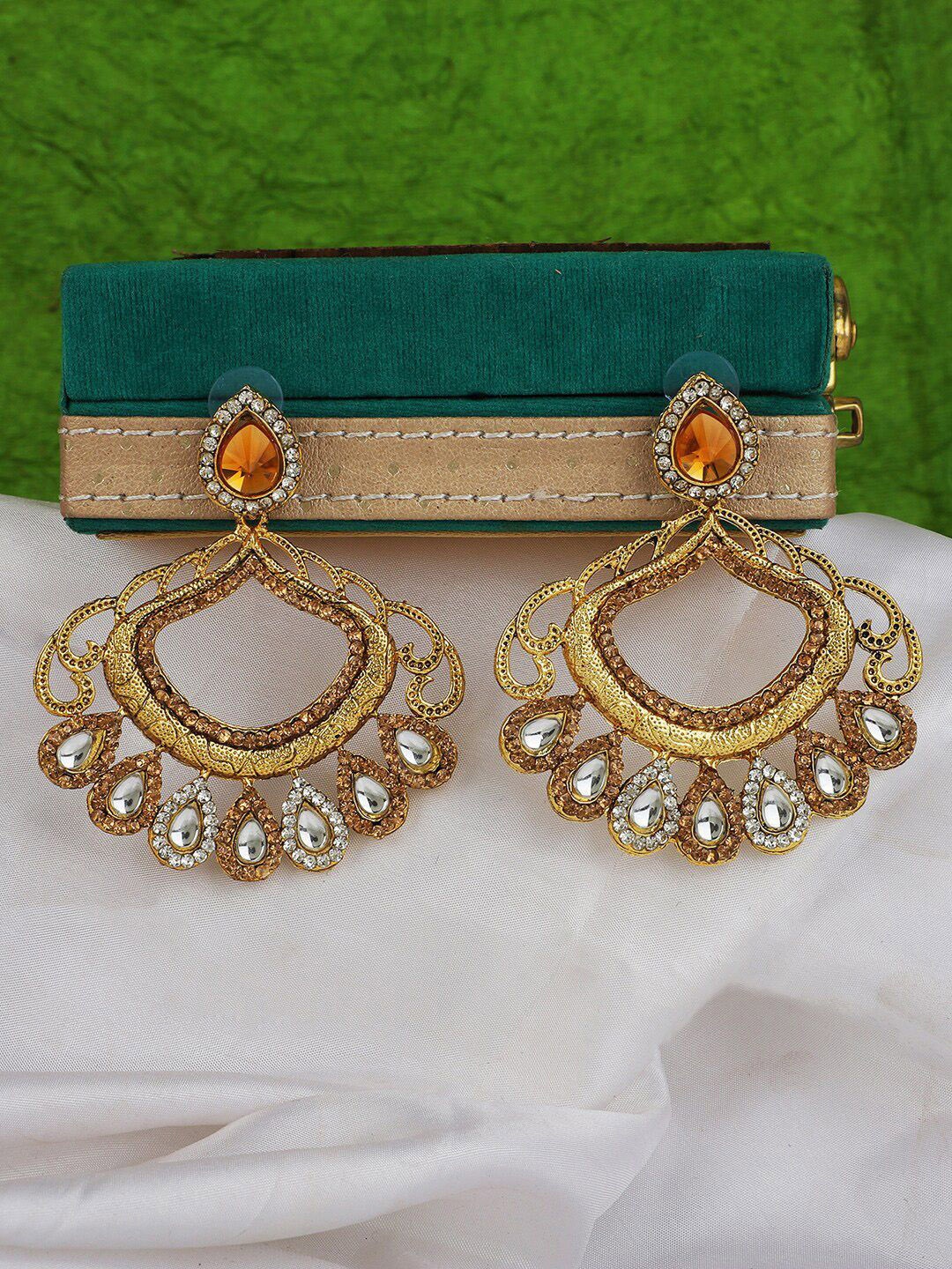 

Anouk Gold-Plated Artificial Stones Studded Contemporary Shaped Drop Earrings