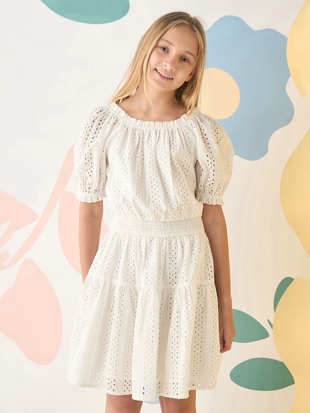 

max Girls Schiffli Puff Sleeve Pure Cotton Fit & Flare Dress, Off white