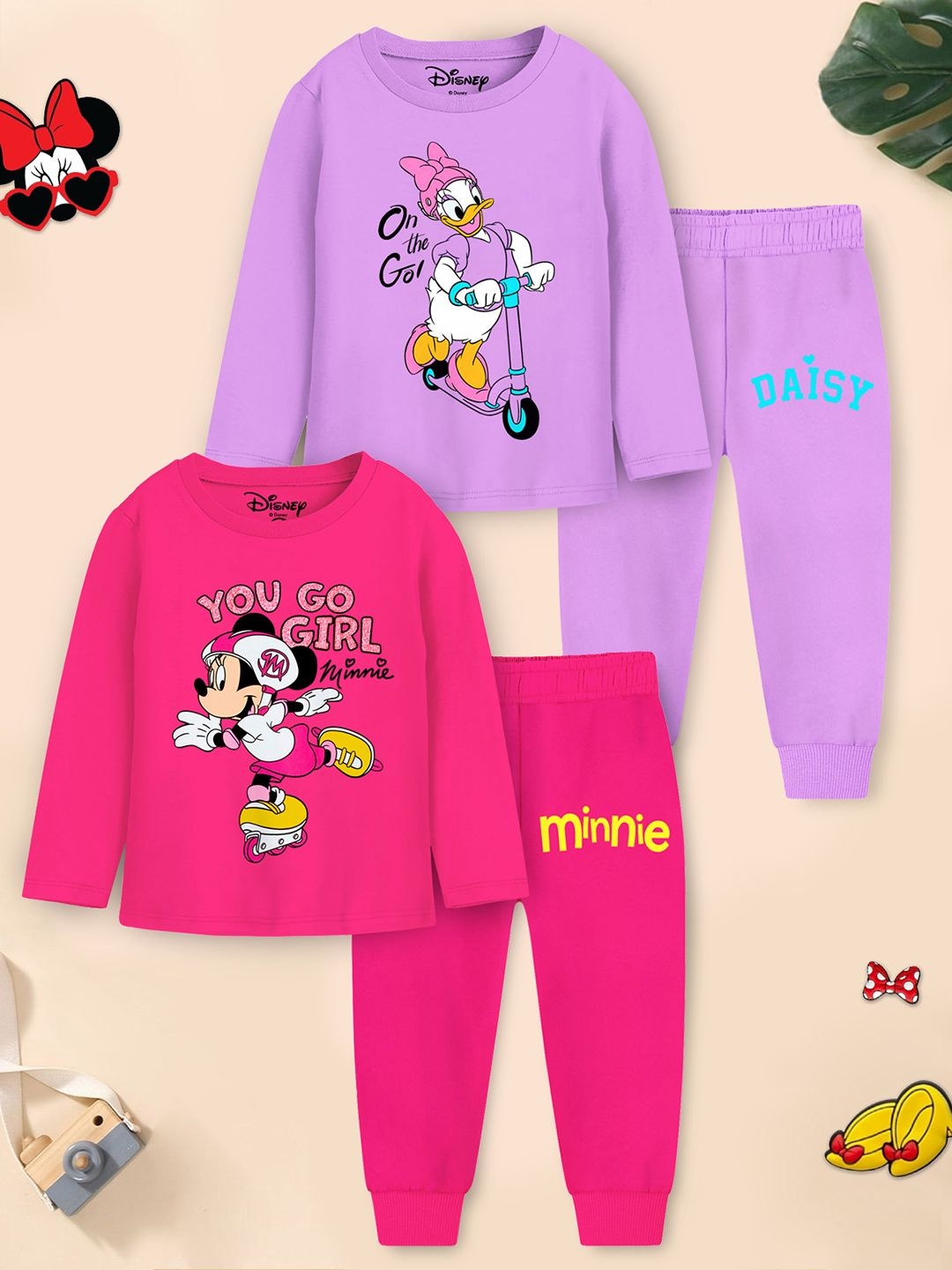 

YK Disney Kids Pack Of 2 Minnie & Daisy Printed Round Neck Sweatshirts With Joggers, Purple