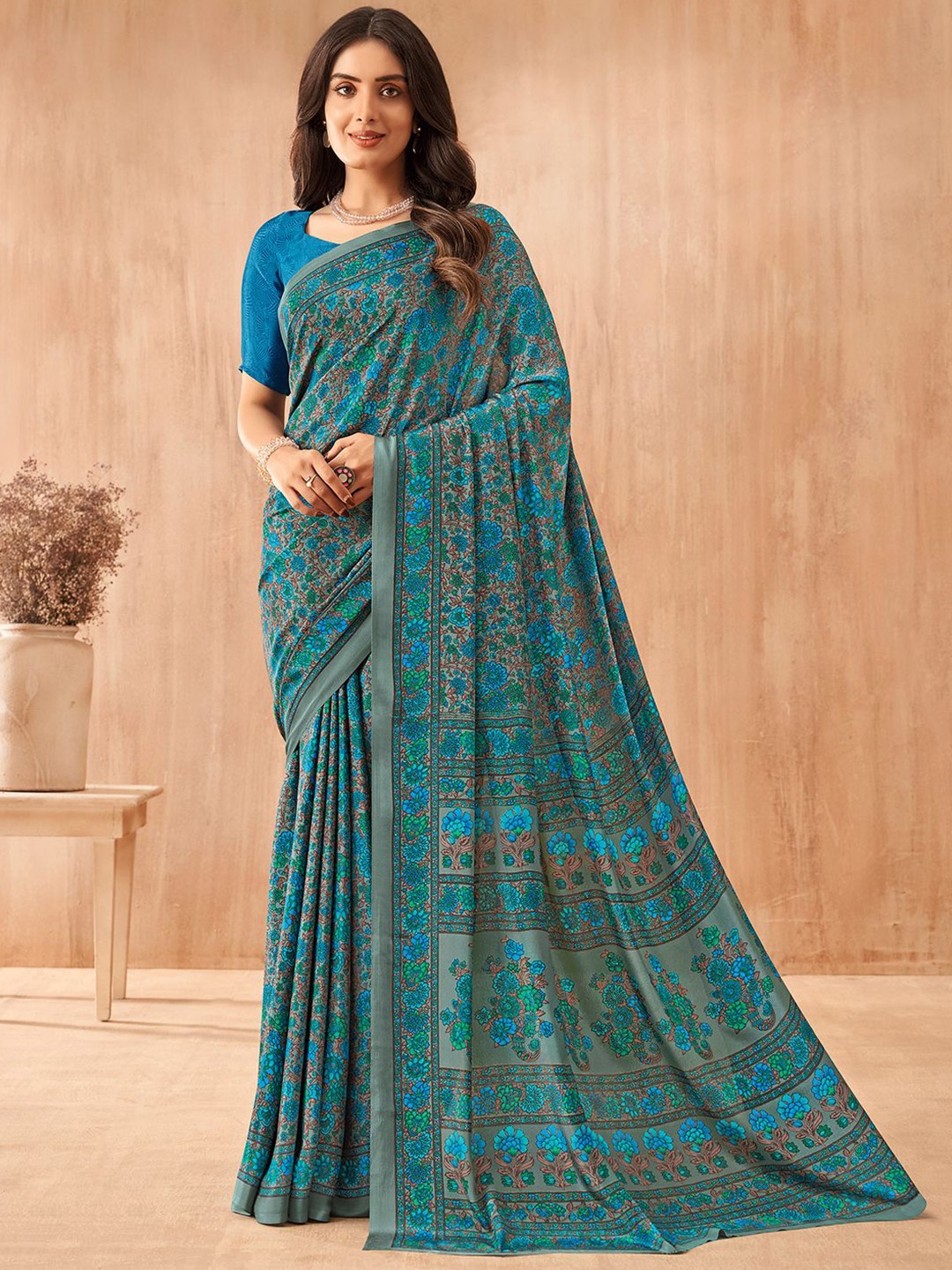 

LeeliPeeri Designer Floral Poly Crepe Saree, Blue