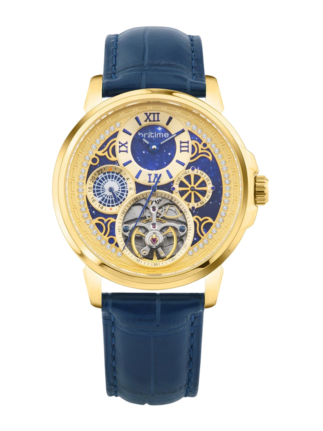 

Britime Men Embellished Dial & Leather Straps Analogue Automatic Motion Watch 274-L20507, Blue