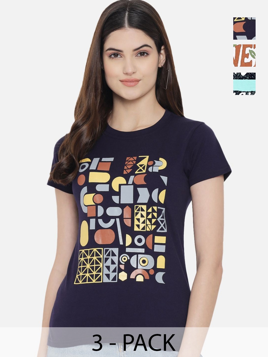 

Dreambe Women Pack Of 3 Graphic Printed Round Neck Cotton T-shirts, Navy blue