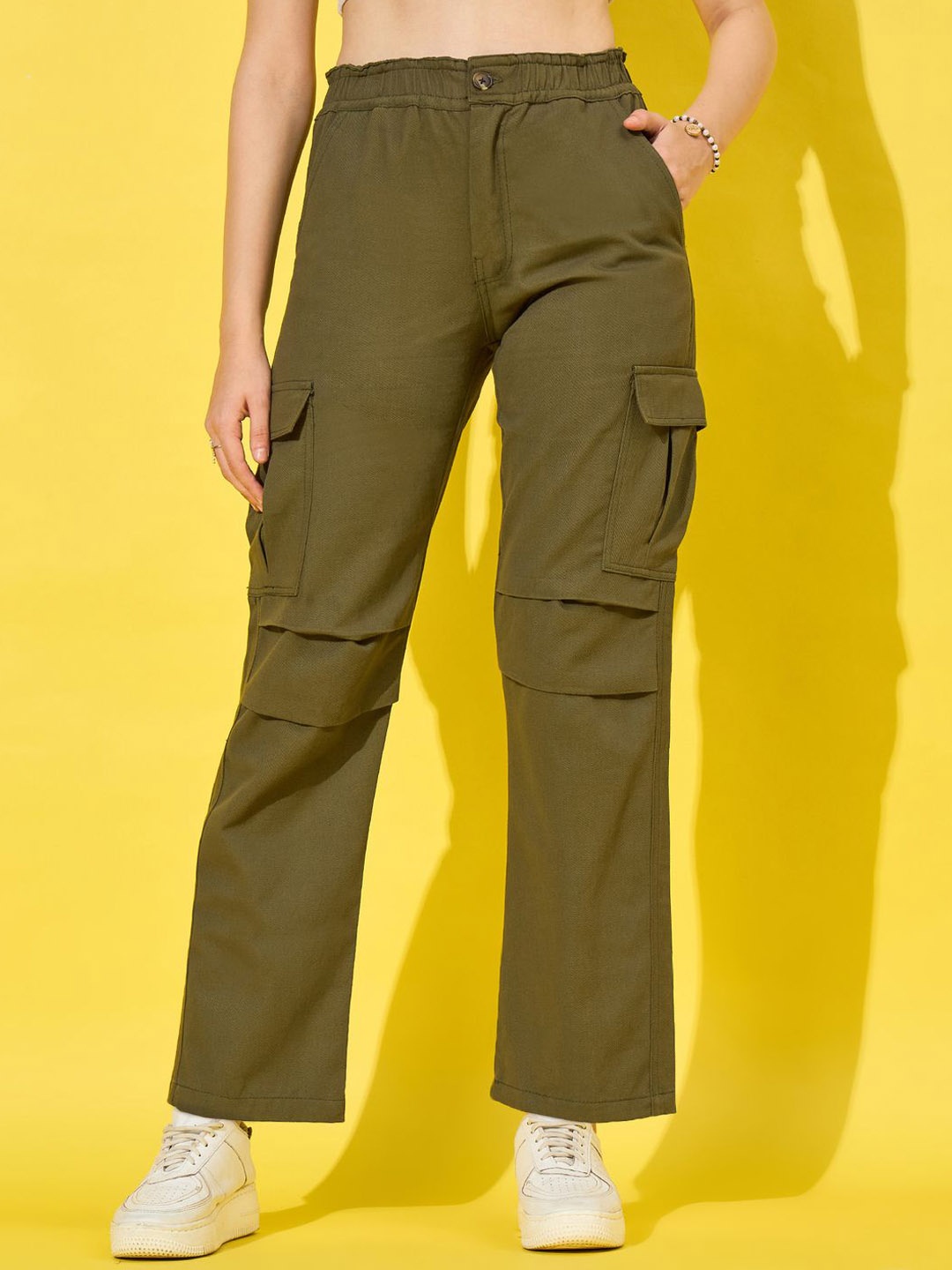 

BUY NEW TREND Women Relaxed High-Rise Cargos Trousers, Olive