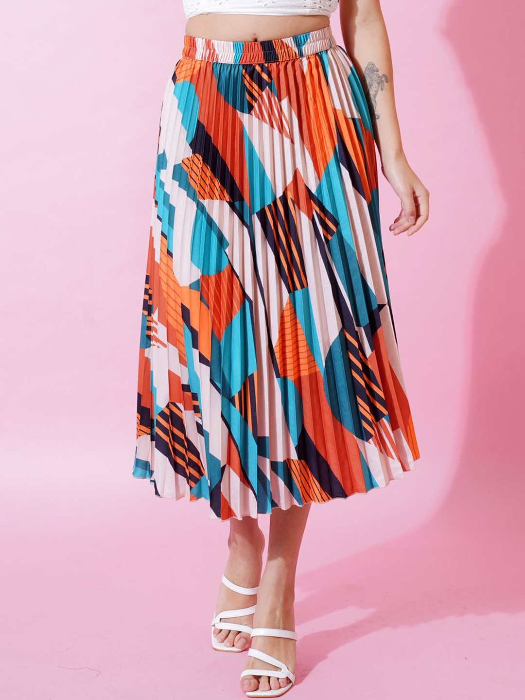 

ZWERLON Women Abstract Printed Pleated Midi A-Line Skirt, White