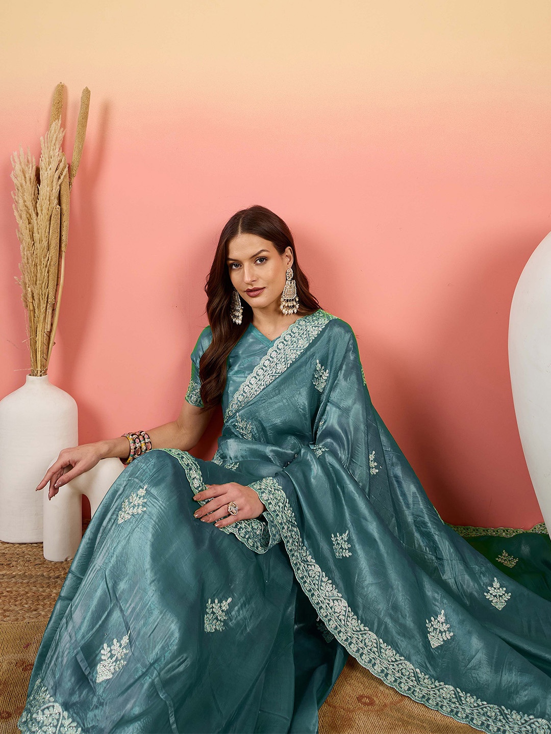 

Sangria Women Embroidered Pure Silk Saree, Teal