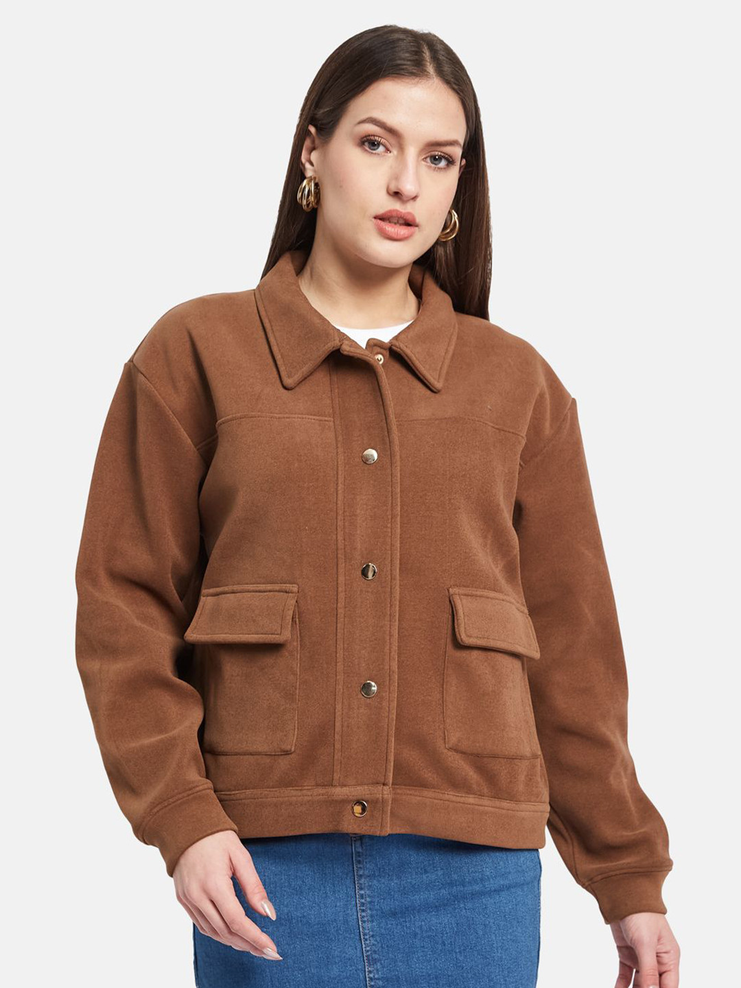 

METTLE Women Relaxed Fit Spread Collar Solid Casual Shirt, Brown