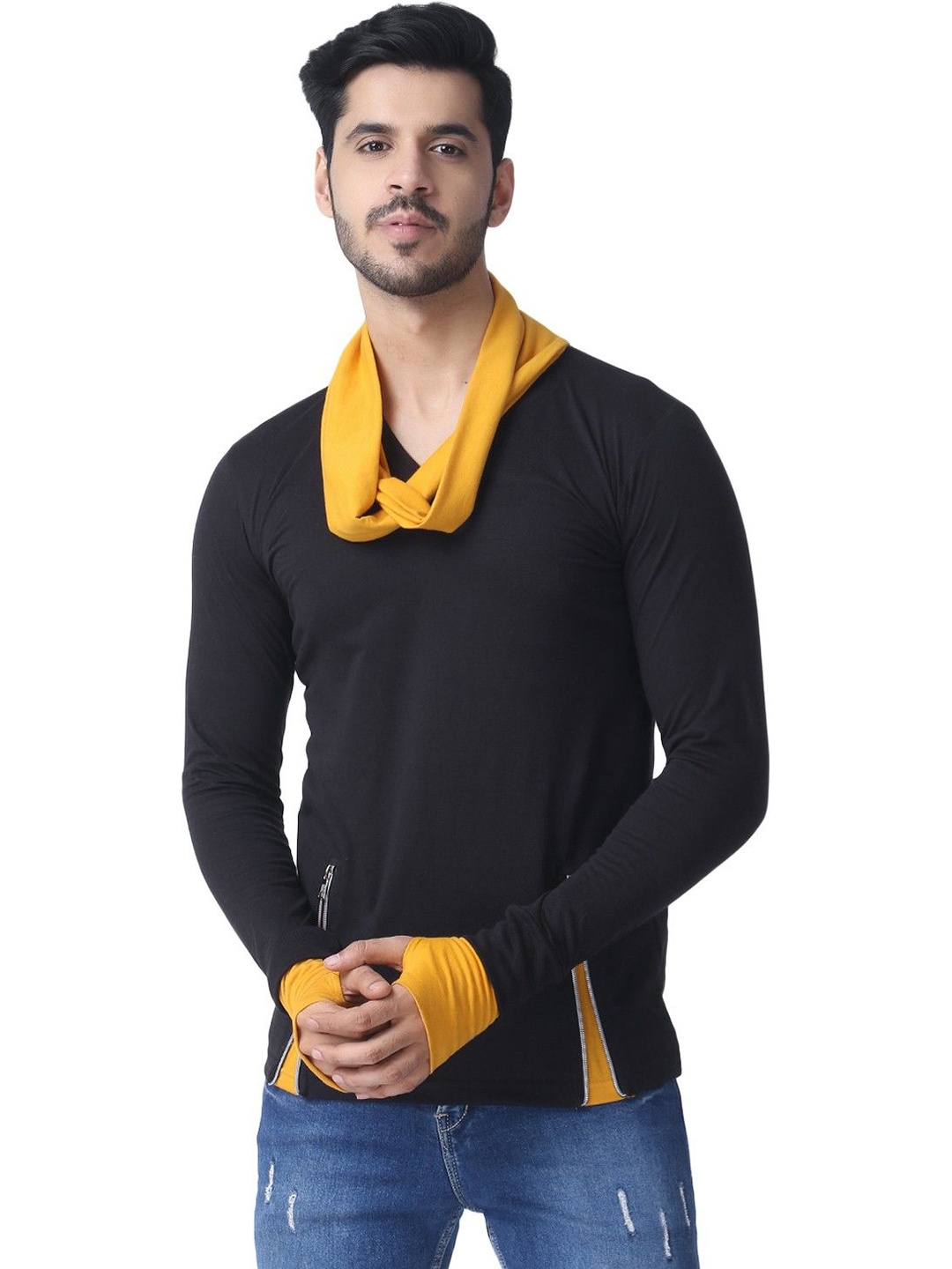 

Black Collection Men Solid Cowl Neck Cotton Slim Fit T-shirt