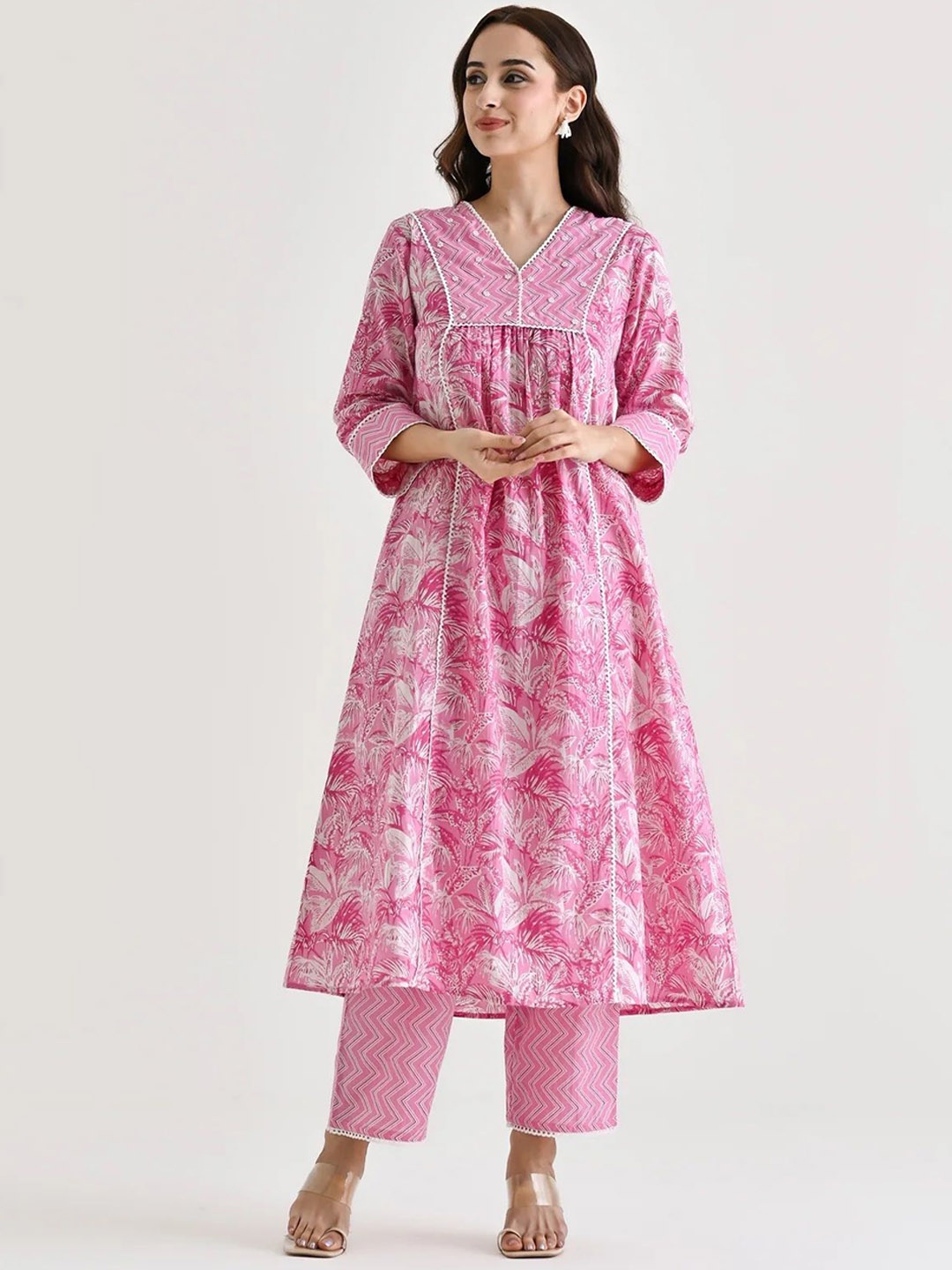 

Moda Rapido Floral Printed Pleated Beads and Stones Anarkali Kurta with Trouser, Pink