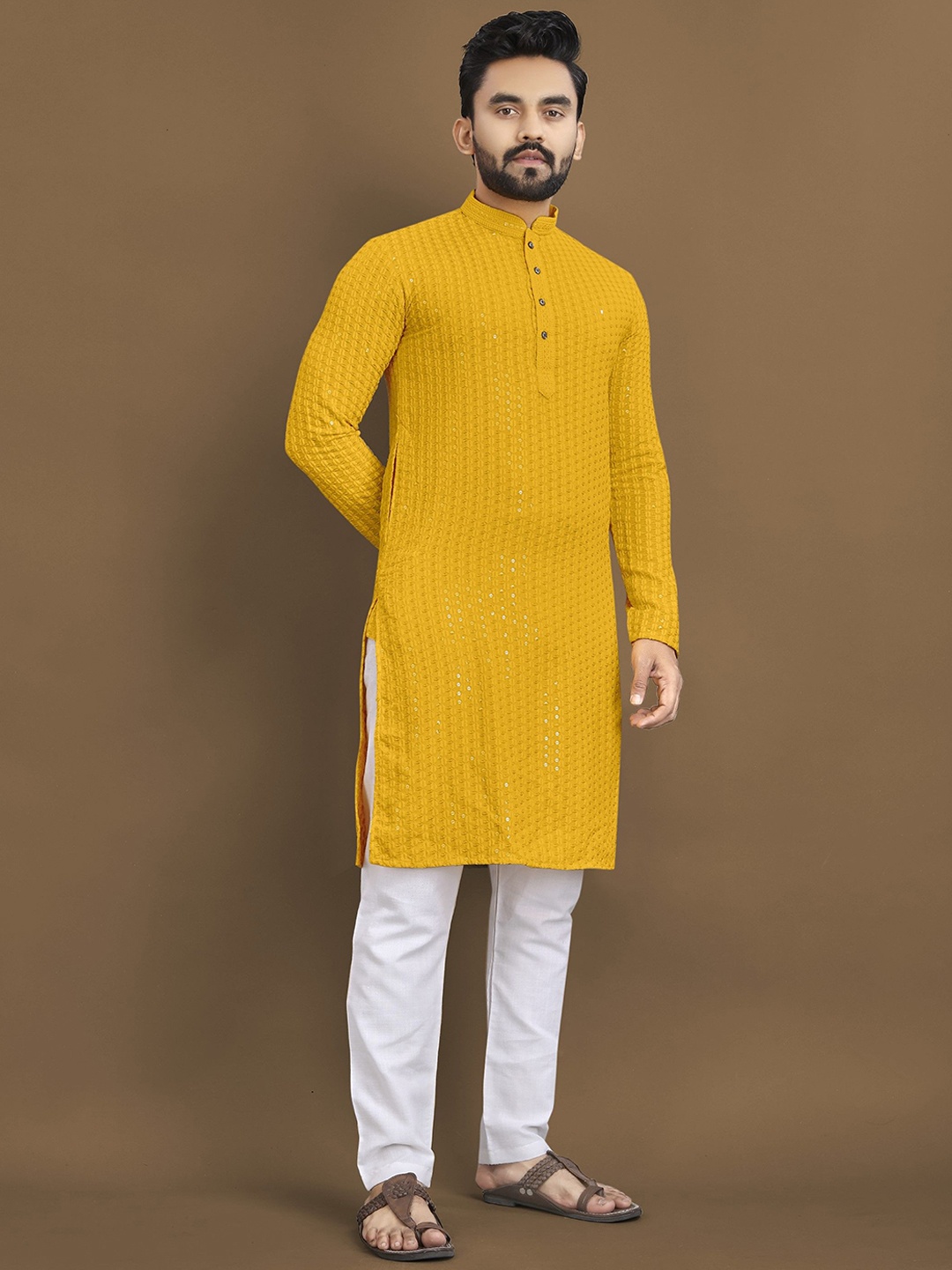 

Moda Rapido Men Embroidered Thread Work Kurta, Yellow