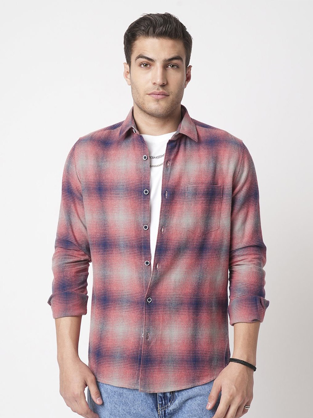 

VASTRADO Men Classic Fit Spread Collar Checked Cotton Casual Shirt, Pink