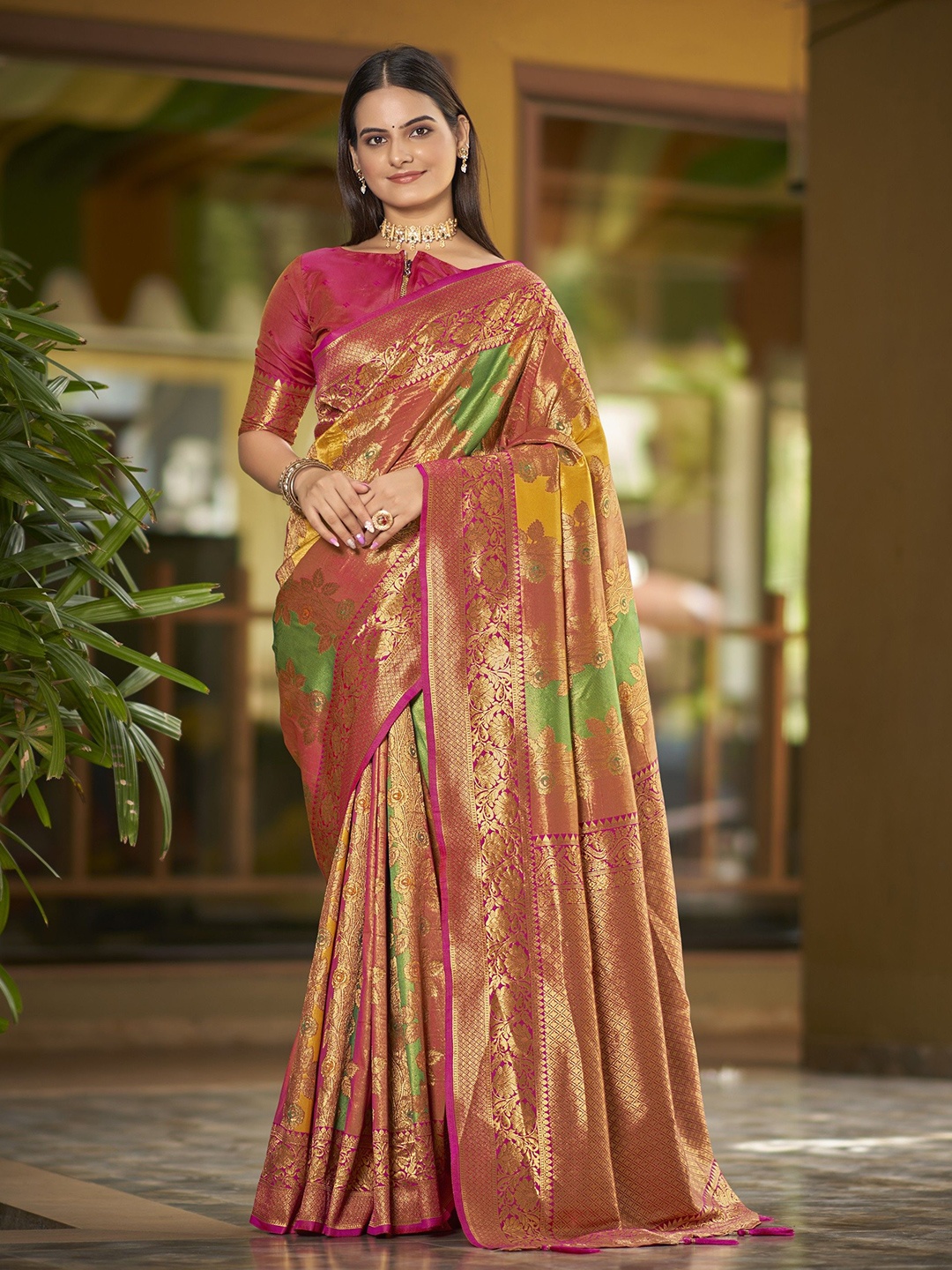 

SAREETHNIC Woven Design Zari Pure Silk Dharmavaram Saree, Yellow
