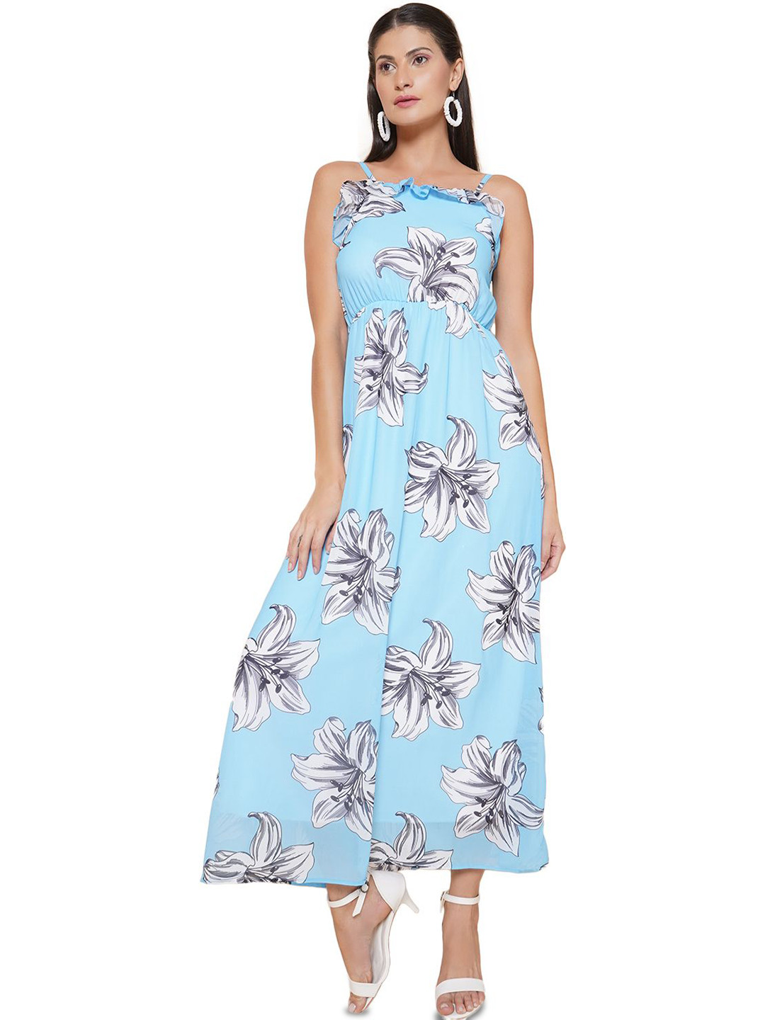 

JAKANARY Women Floral Printed Shoulder Strap Fit and Flare Midi Dress, Blue