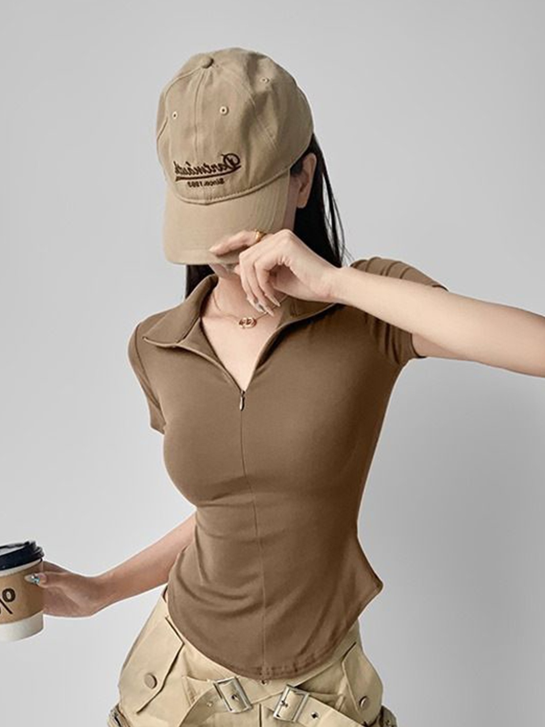 

DressBerry Shirt Collar Fitted Top, Brown