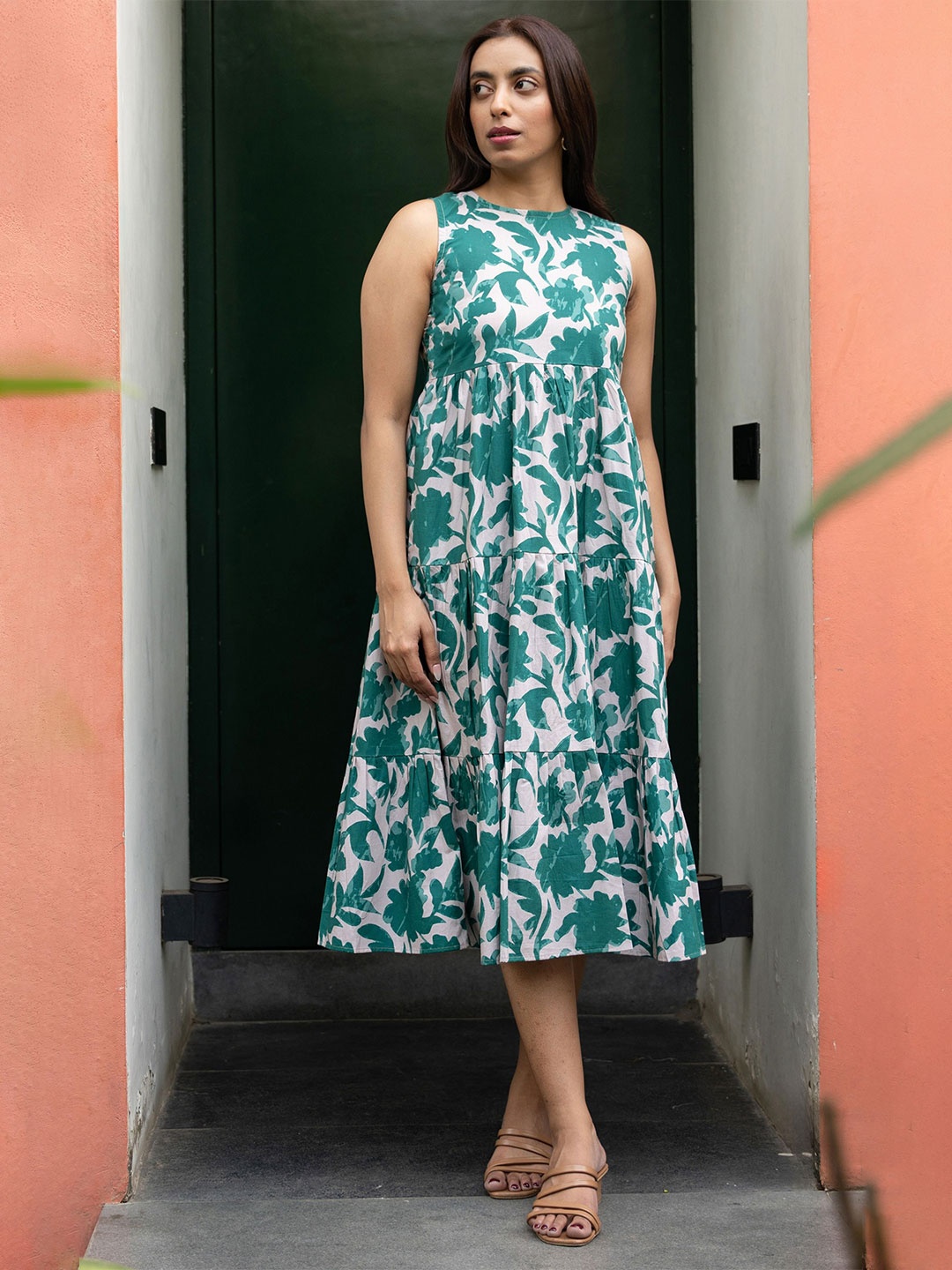 

GULABOSITABO Floral Halter Neck Fit & Flare Dress, Green