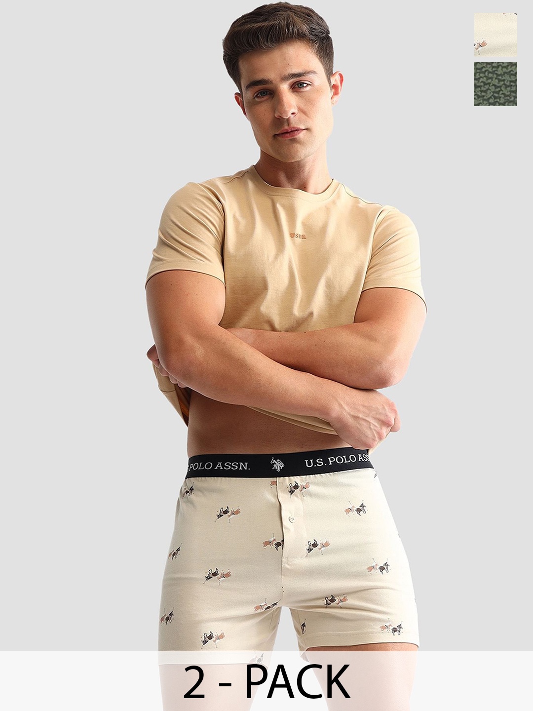 

U.S. Polo Assn. Pack Of 2 Printed Pure Cotton Boxers - OEX10-A02-P2, Beige
