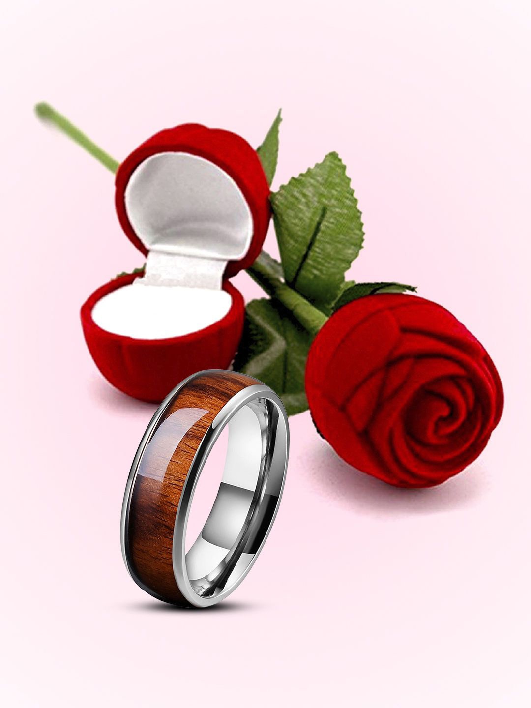 

Peora Men Stainless Steel Silver-Plated Band Finger Ring With Rose Gift Box, Brown