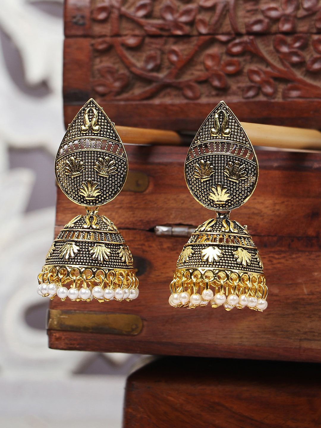 

Anouk Gold Plated Artificial Stones Studded And Beaded Dome Shaped Jhumkas