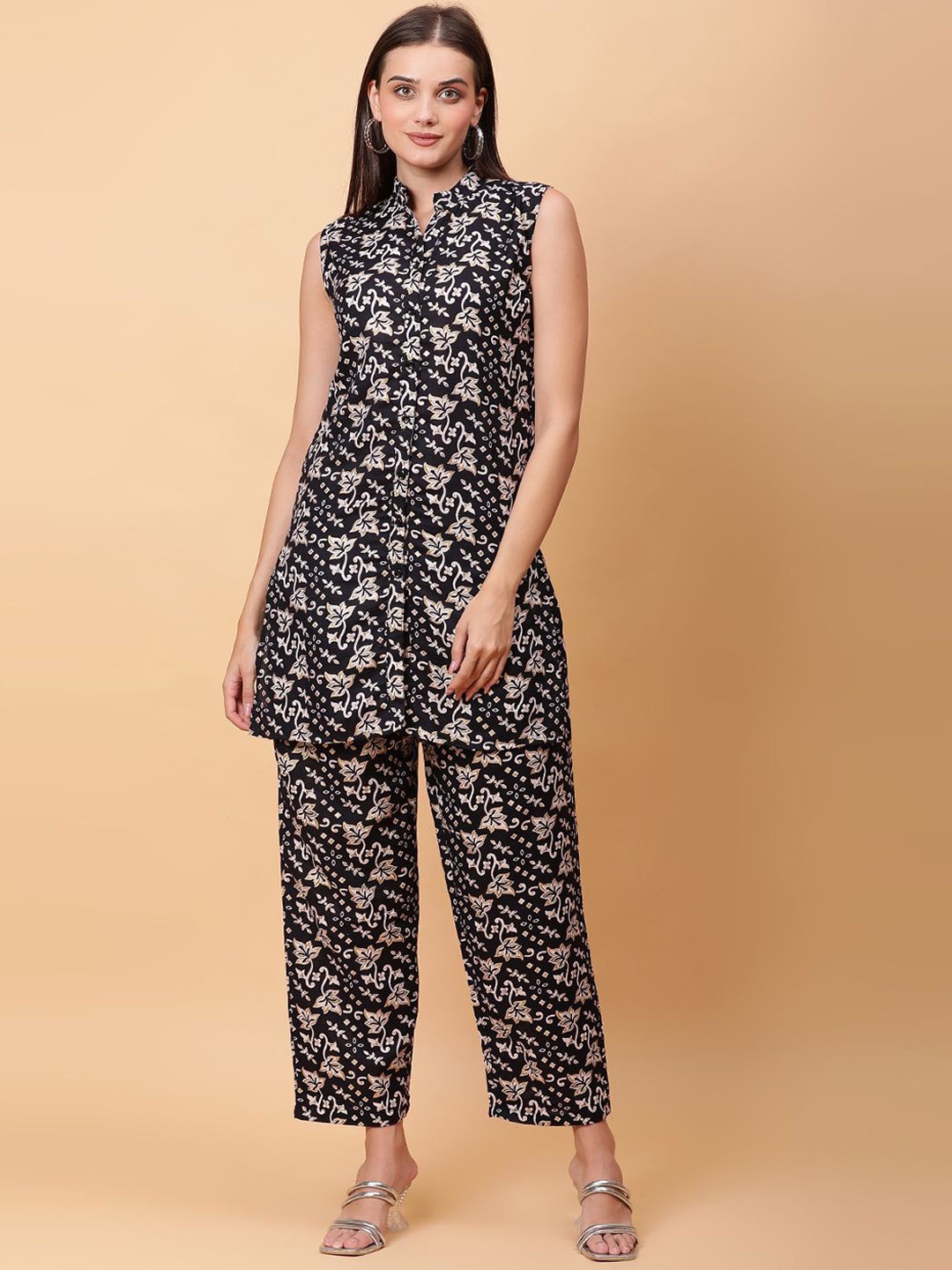 

ROSEMELON Floral Printed Mandarin Collar Straight Tunic With Trousers, Black