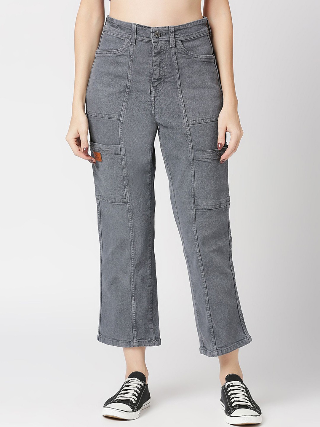 

CEFALU Women Relaxed Loose Fit High-Rise Denim Cargos Trousers, Grey