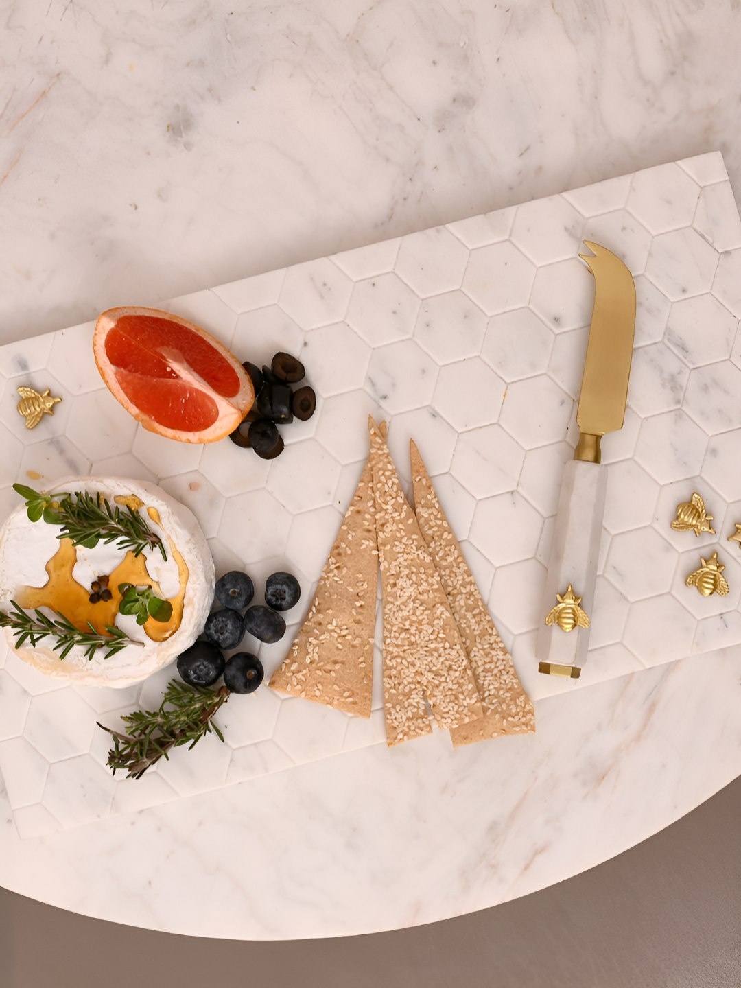 

Mason Home Honeycomb & Bee Luxe Marble Cheese Platter With Knife, White