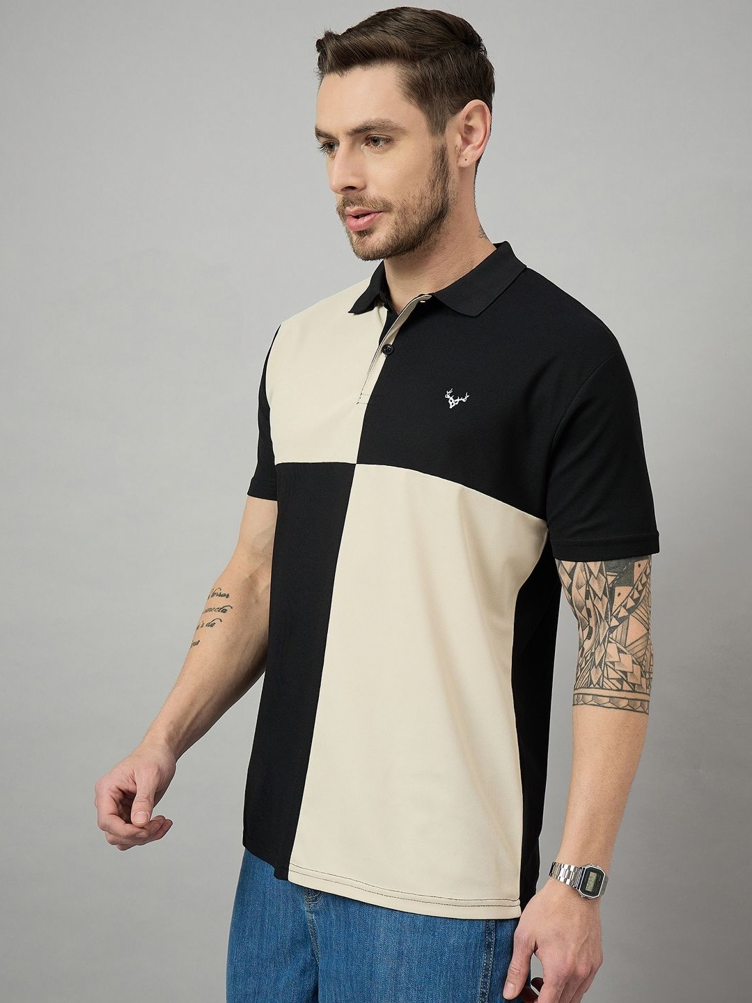 

BRONATION Men Colourblocked Polo Collar Cotton T-shirt, Black