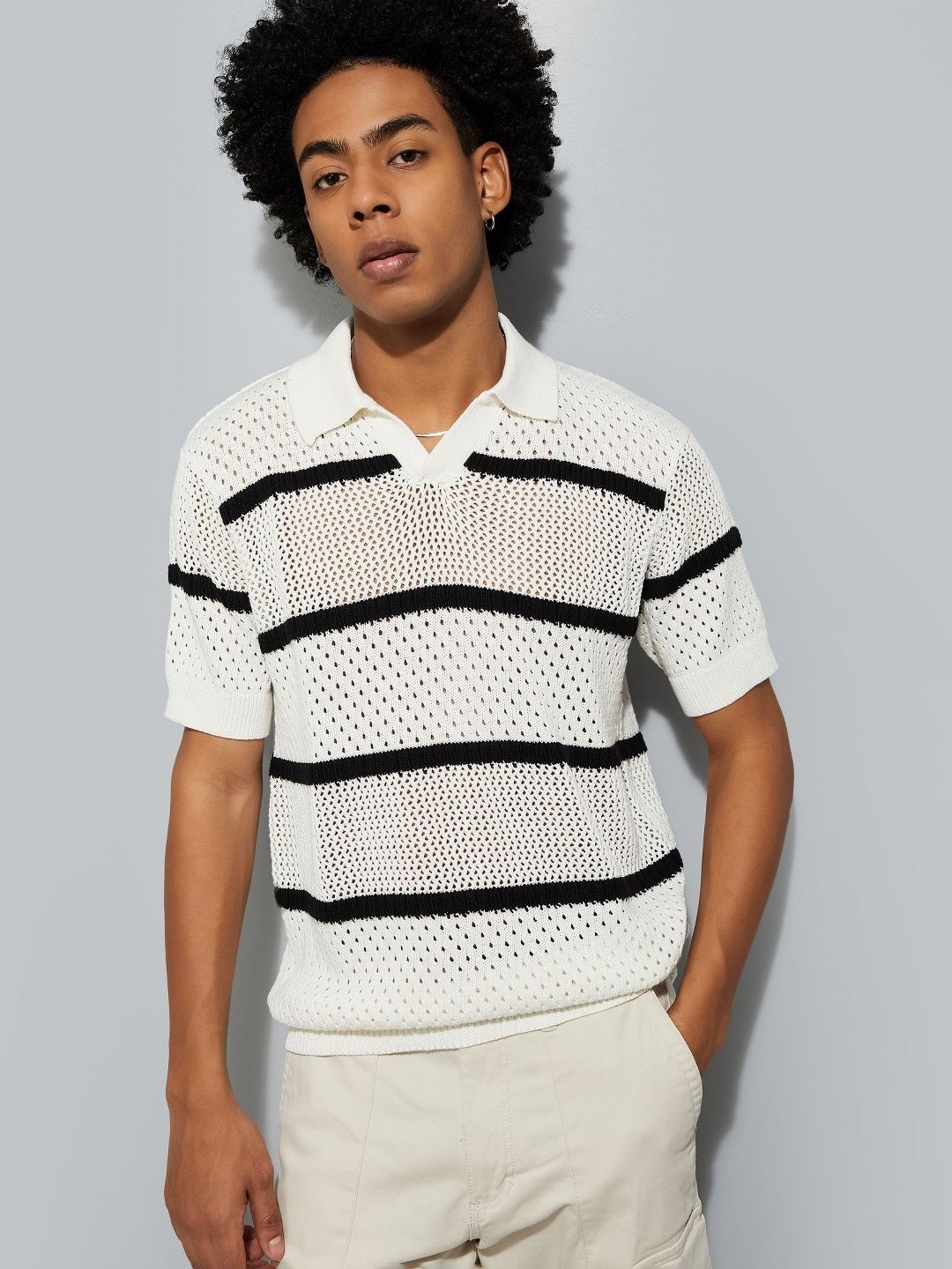 

max Men Striped Polo Collar Cotton T-shirt, White