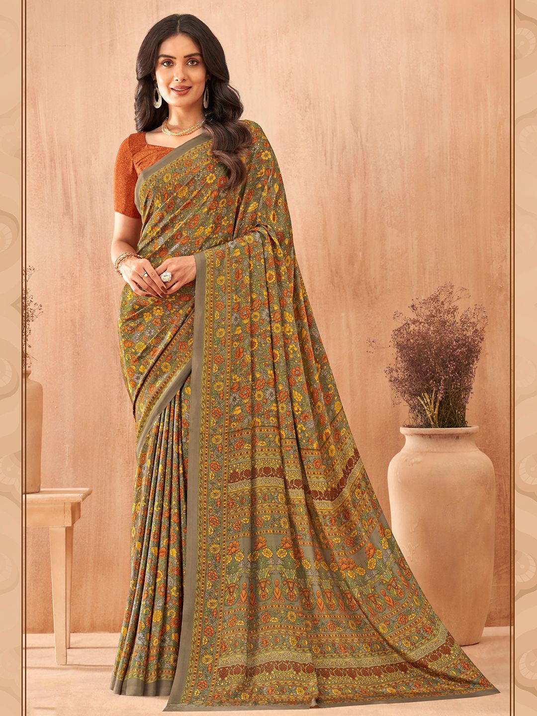 

LeeliPeeri Designer Floral Poly Crepe Saree, Brown