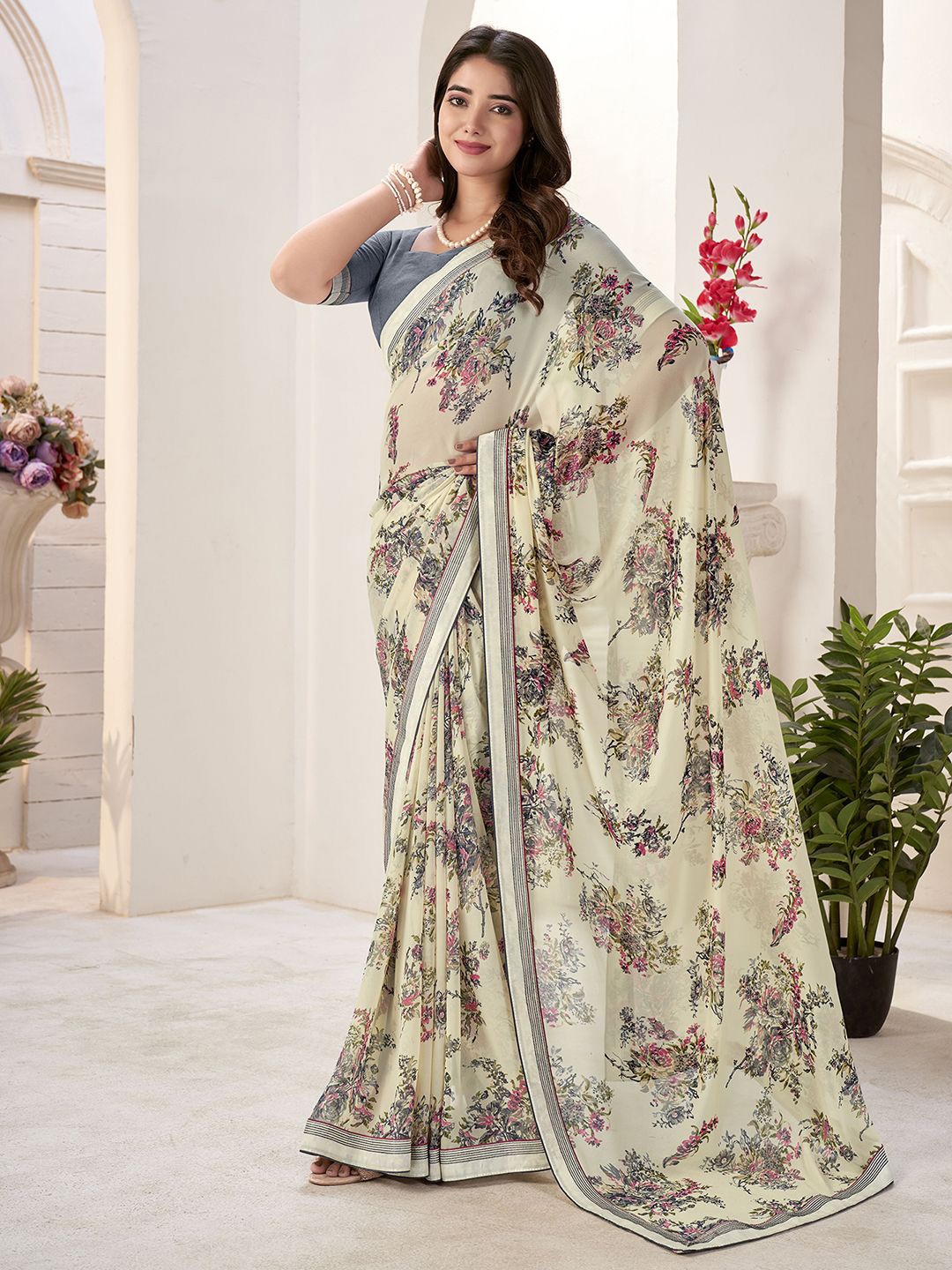 

Mitera Floral Pure Georgette Designer Saree, Cream