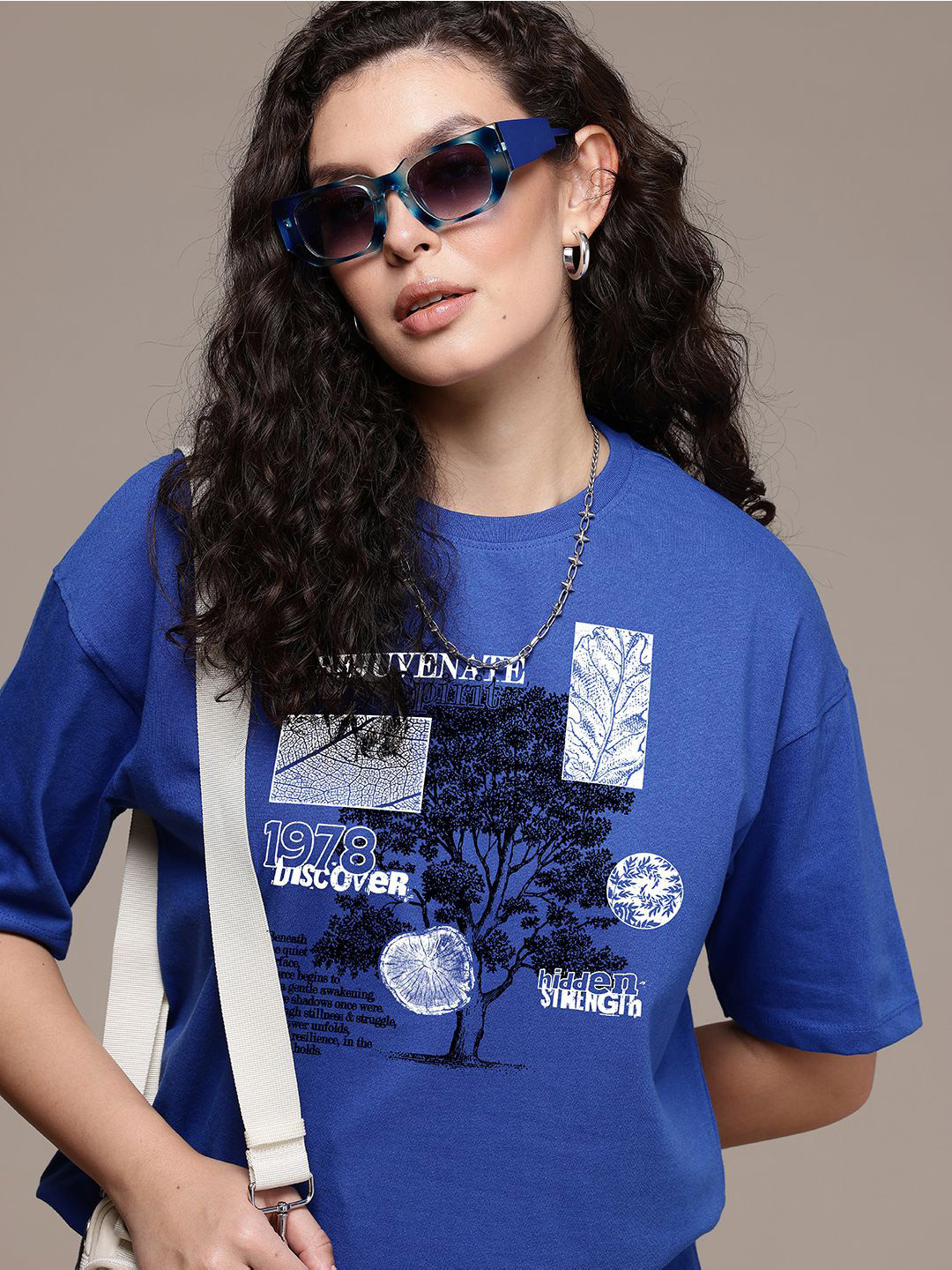 

The Roadster Lifestyle Co. Women Graphic Printed Round Neck Cotton Oversized T-shirt, Blue