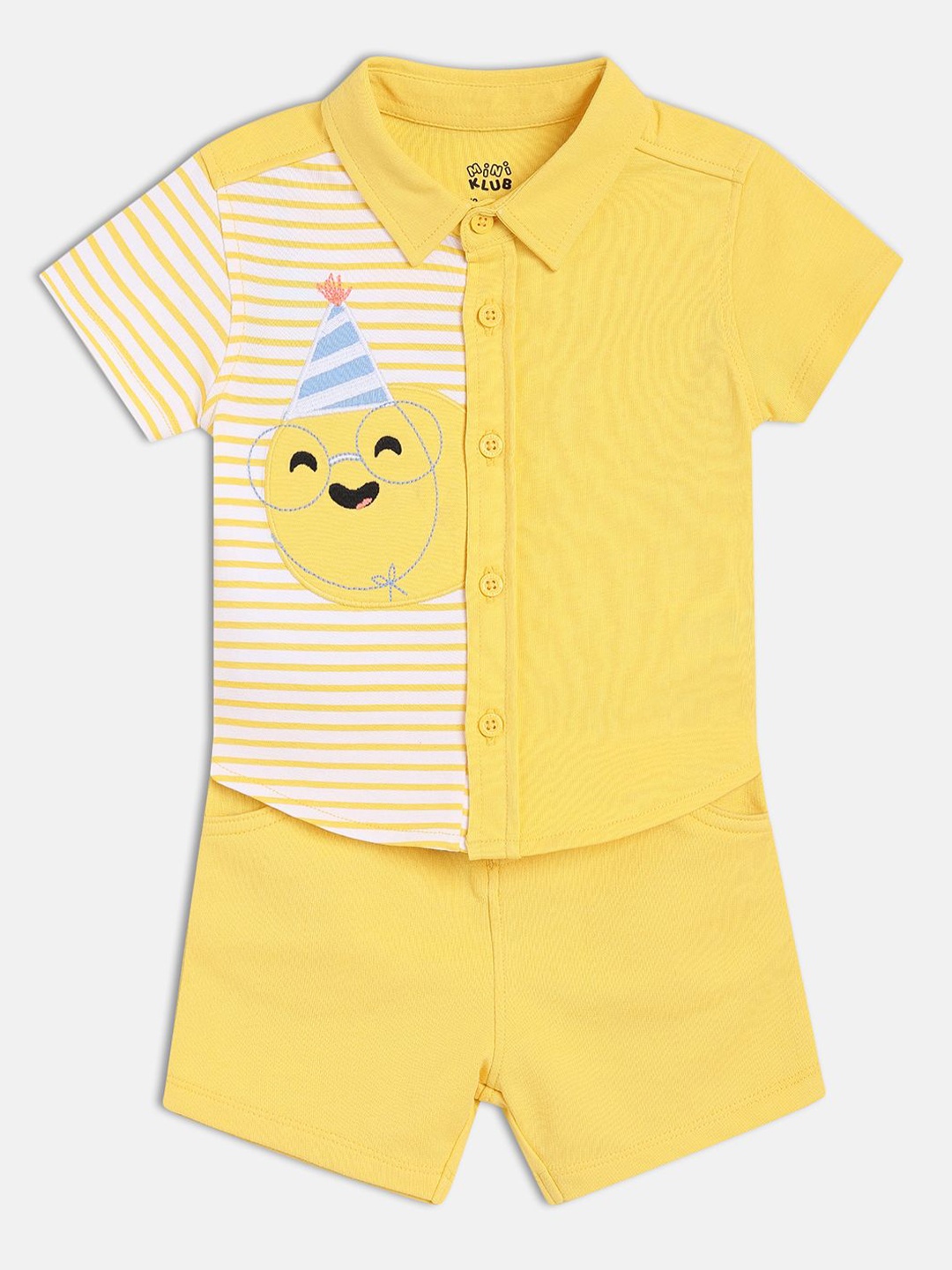 

MINI KLUB Boys Striped Shirt Collar Pure Cotton Shirt With Shorts, Yellow