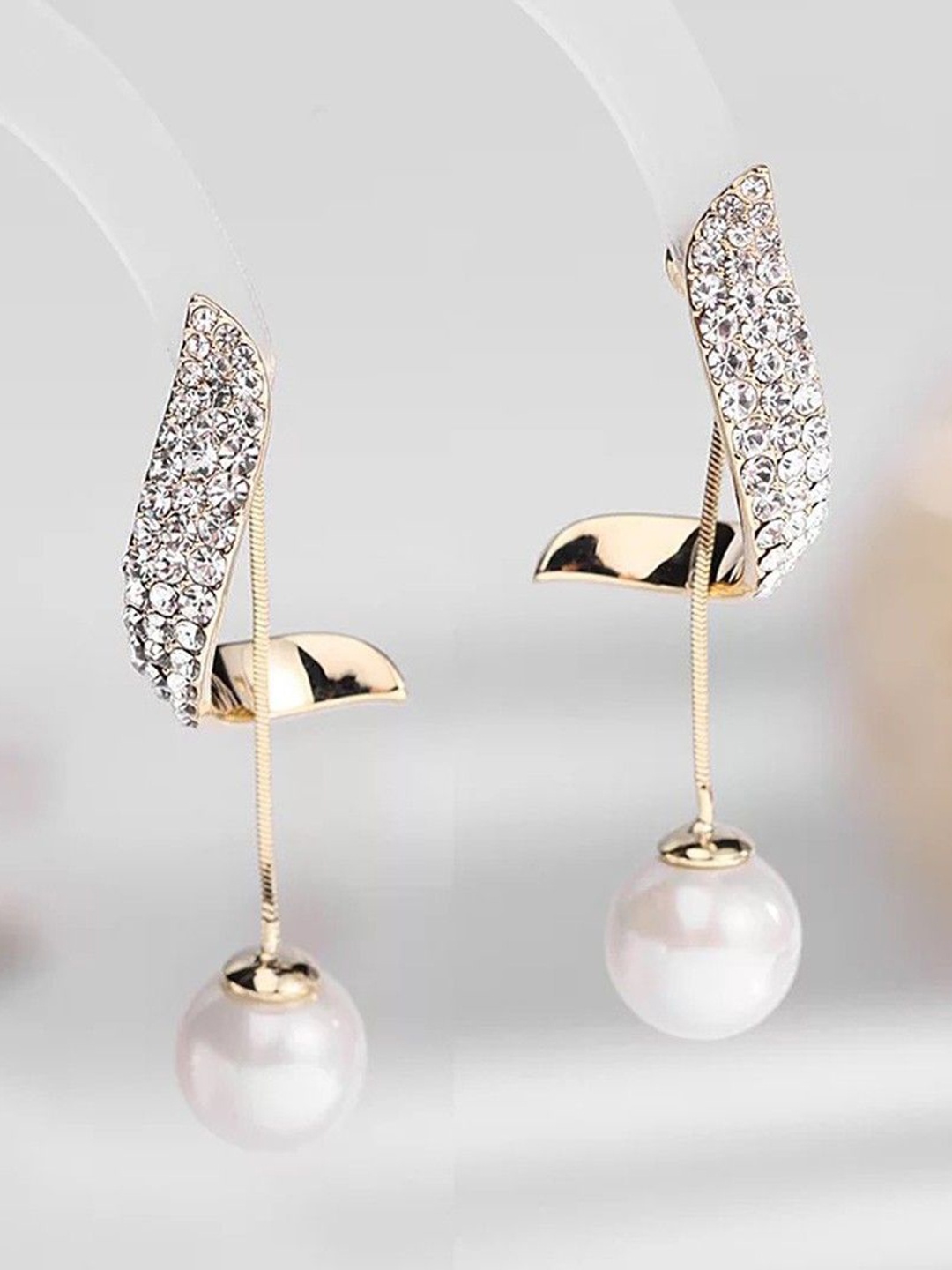 

Celestique South Korea Stones Studded And Pearls Beaded Contemporary Shaped Drop Earrings, Gold