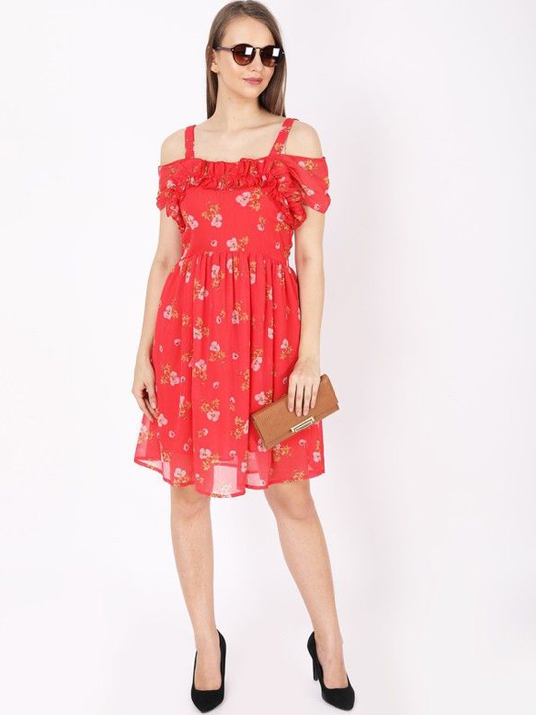 

JAKANARY Women Floral Printed Shoulder Straps Ruffles Fit and Flare Dress, Red
