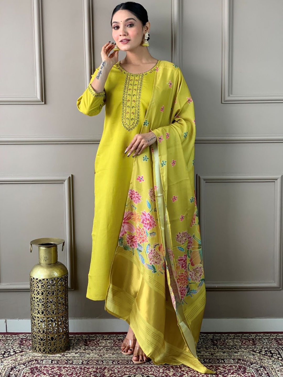 

NKV Yoke Design Round Neck Kurta With Trousers And Dupatta, Yellow