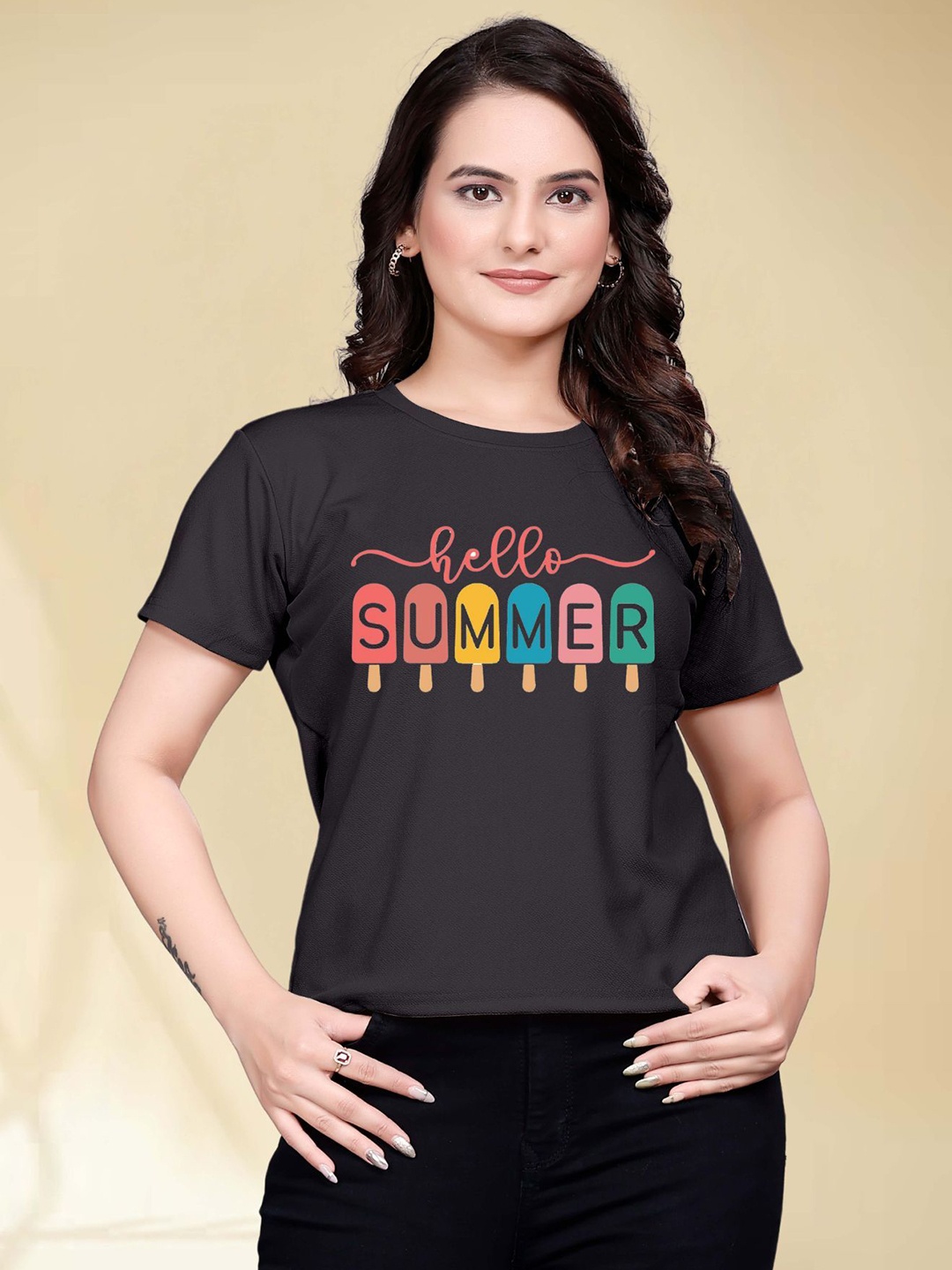 

Moda Rapido Women Printed Round Neck Tshirt, Black