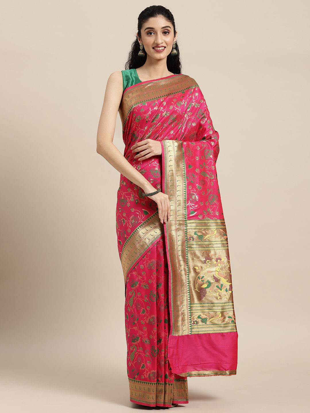 

DIVASTRI Woven Design Zari Silk Blend Designer Paithani Saree, Pink