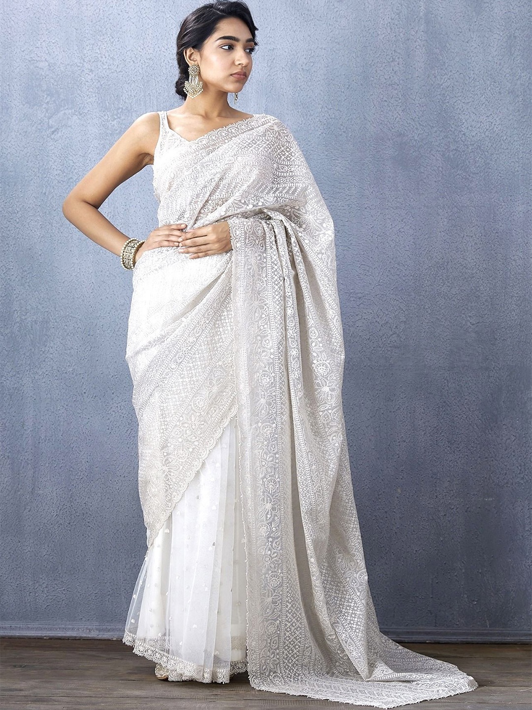 

Rujave Ethnic Motifs Chikankari Organza Saree, White
