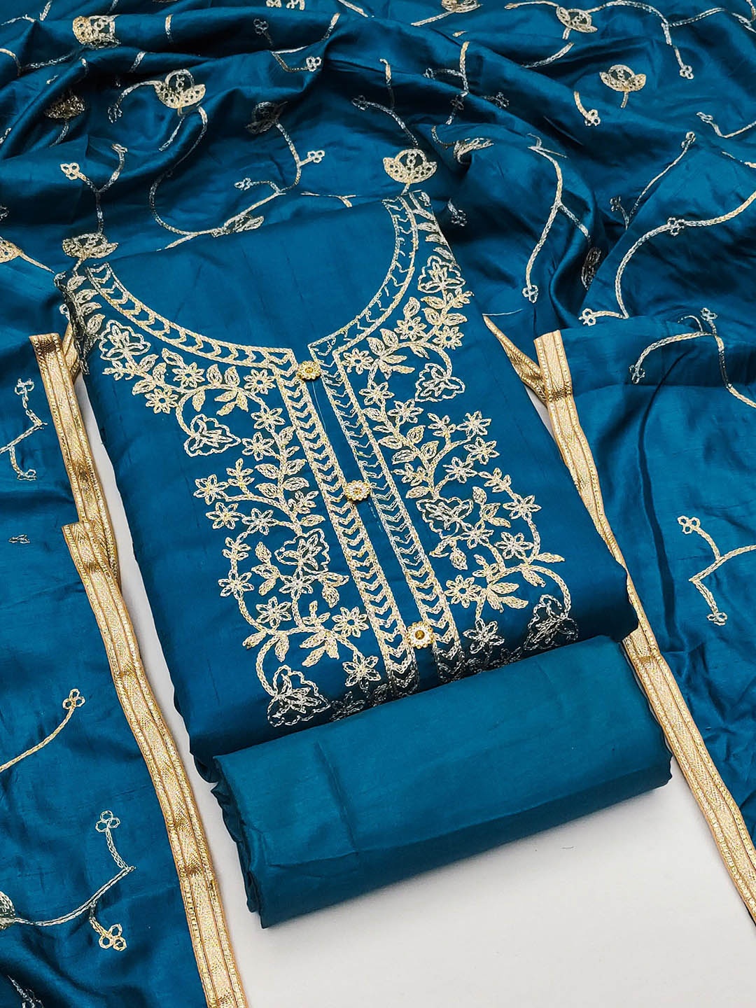 

MANVAA Floral Embroidered Unstitched Dress Material, Turquoise blue