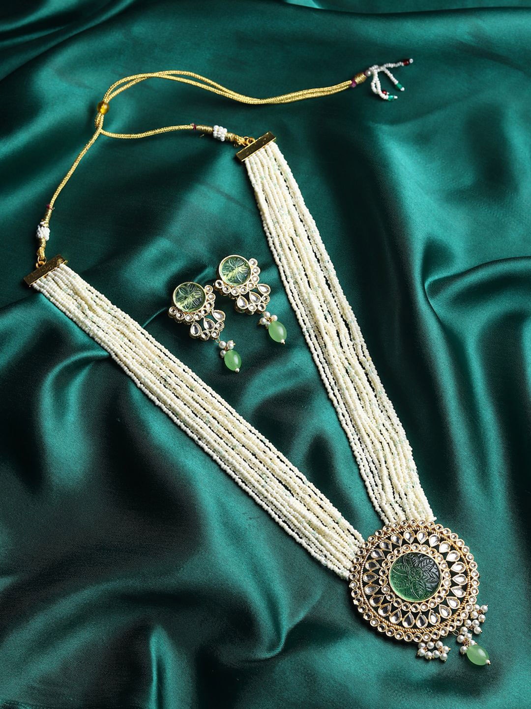 

RHOSYN Gold-Plated Artificial Stone Studded & Beaded Necklace And Earrings