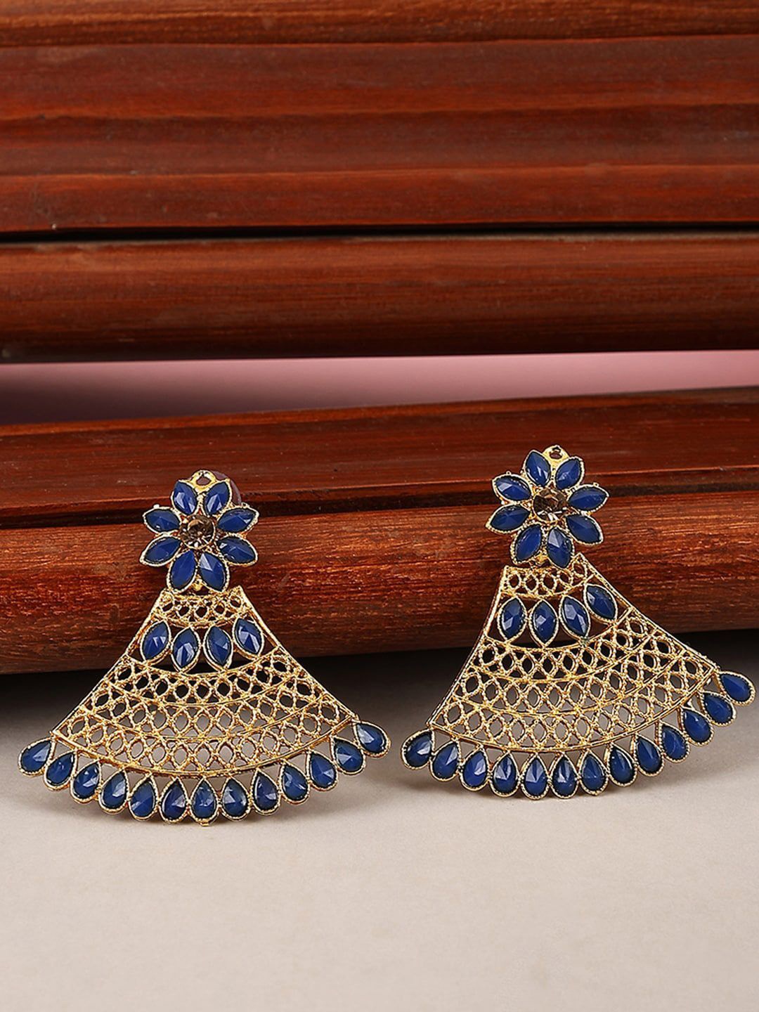 

Anouk Gold-Plated Artificial Stones Studded Triangular Shaped Drop Earrings
