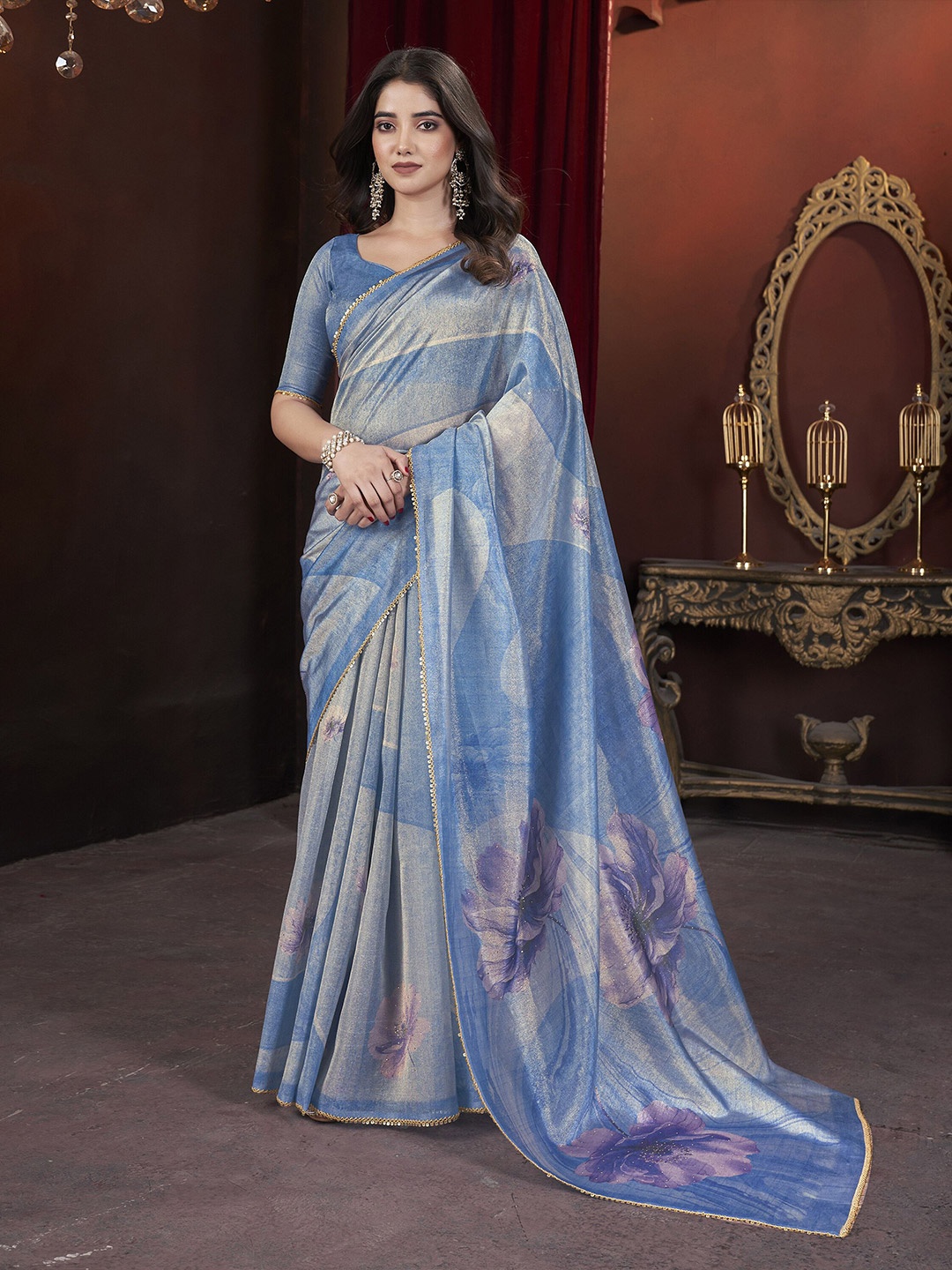

DOI MOI Embellished Mukaish Tissue Designer Saree, Blue
