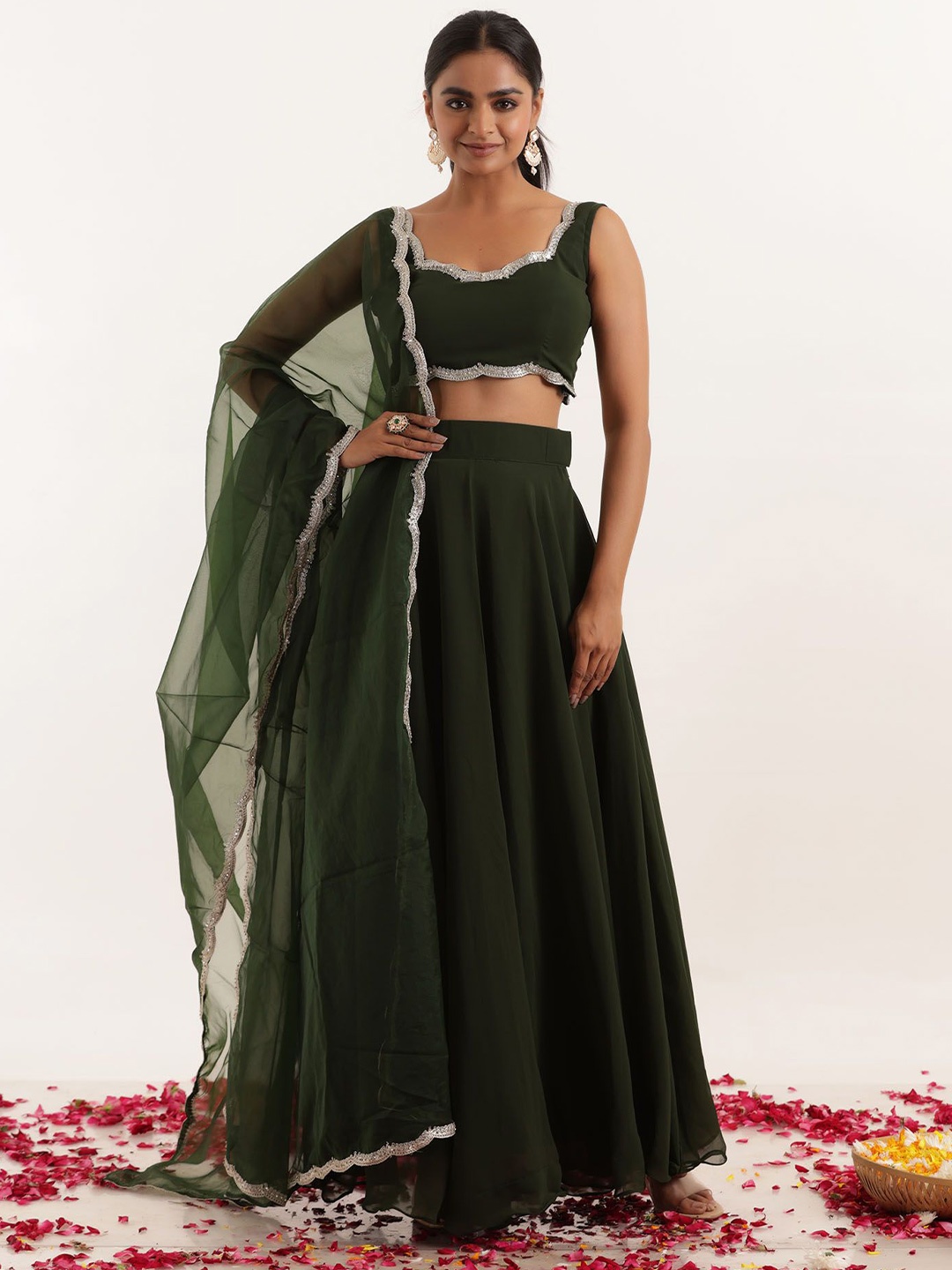 

DEASHA INDIA Embellished Georgette Ready To Wear Lehenga & Blouse With Dupatta, Green