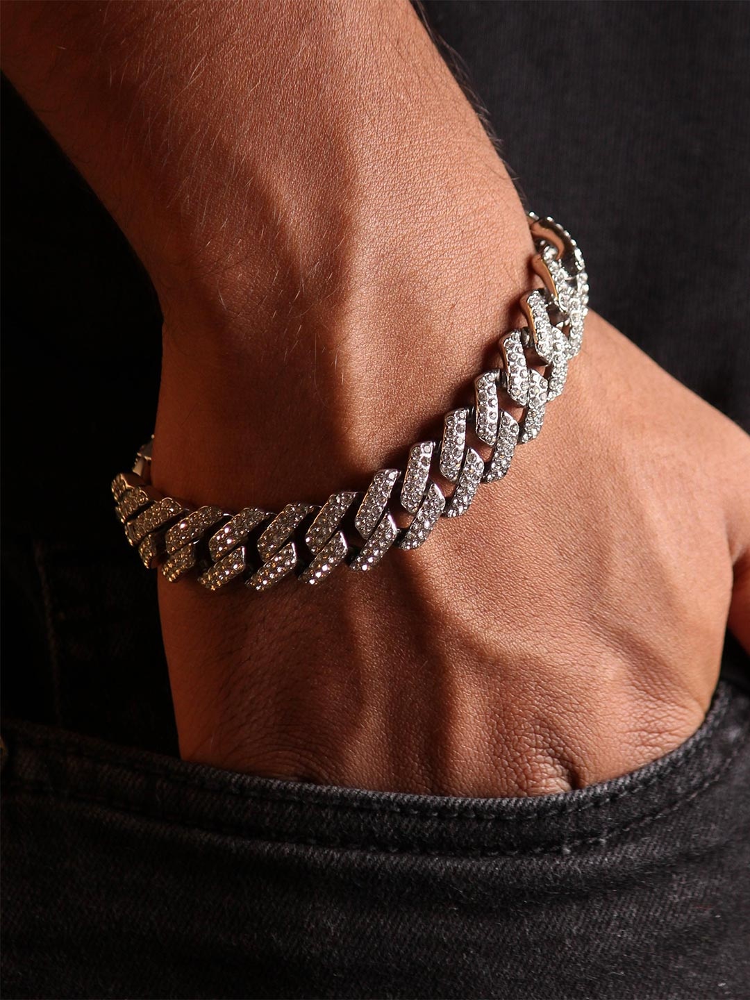 

LOCAL PITARA Men Stainless Steel Rhodium-Plated Cubic Zirconia Studded Link Bracelet, Silver