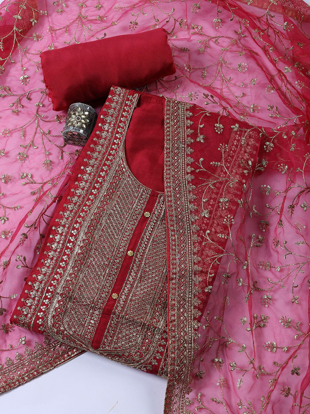 

Meena Bazaar Floral Embroidered Sequinned Chanderi Unstitched Dress Material, Magenta