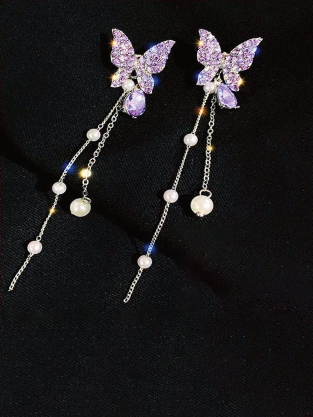 

Celestique Korean Artificial Stones Studed Contemporary Shaped Drop Earrings, Purple