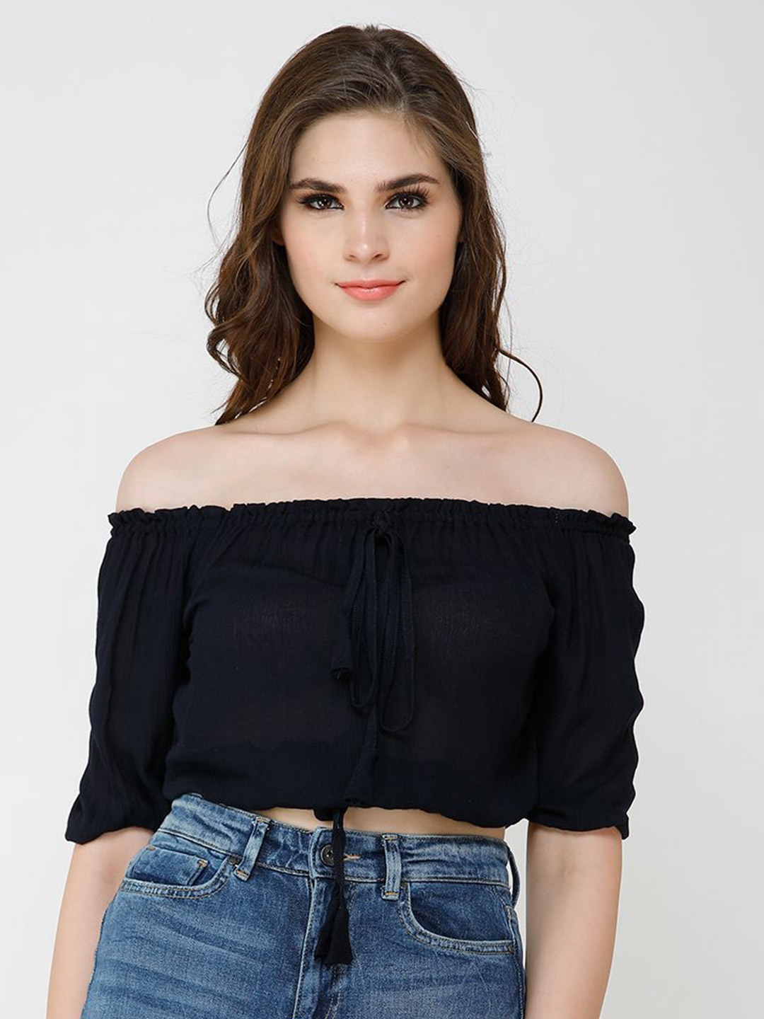 

Moda Rapido Off-Shoulder Bardot Crop Top, Navy blue